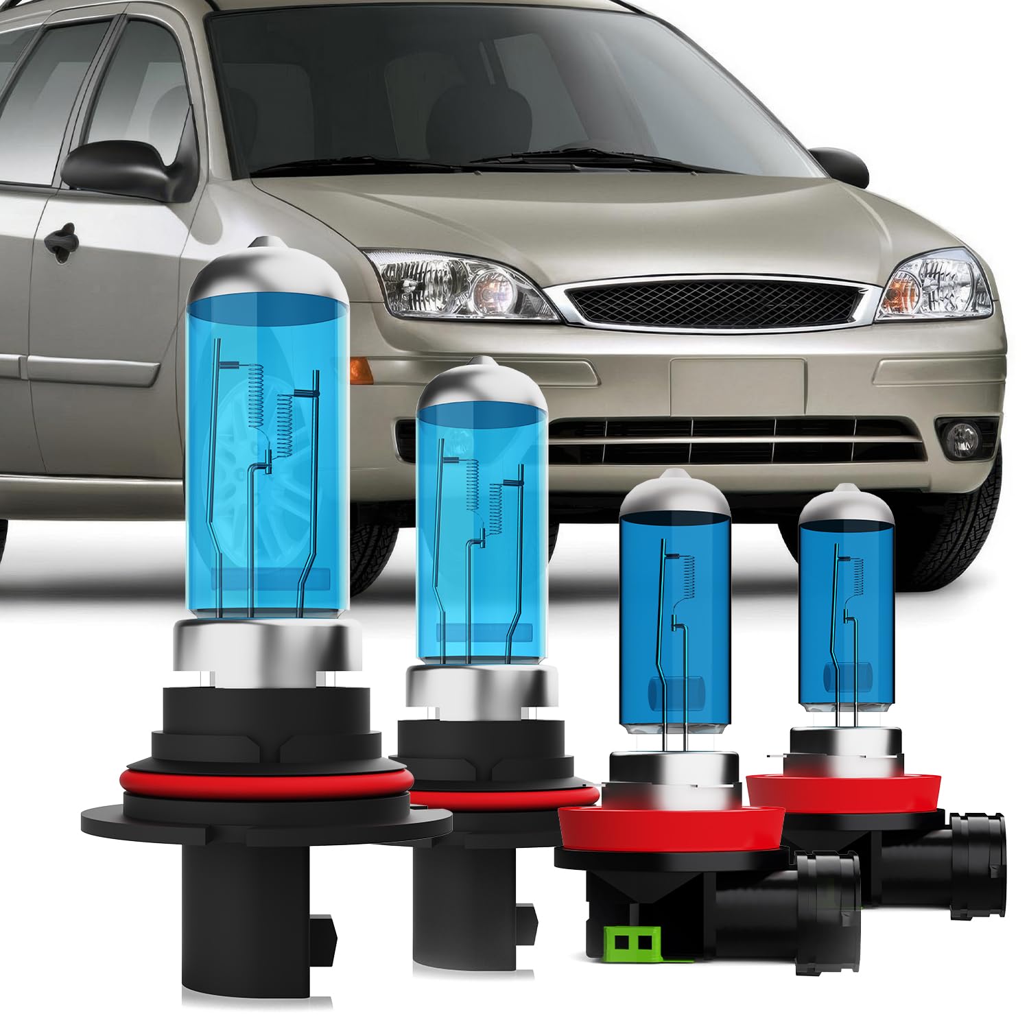 LECCIBUB Headlight Bulbs Compatible With Ford Focus 2005, 9007 High Low Beam + H11 Fog Lights Halogen Light Bulb Combo, Super Bright 6000K White, Plug