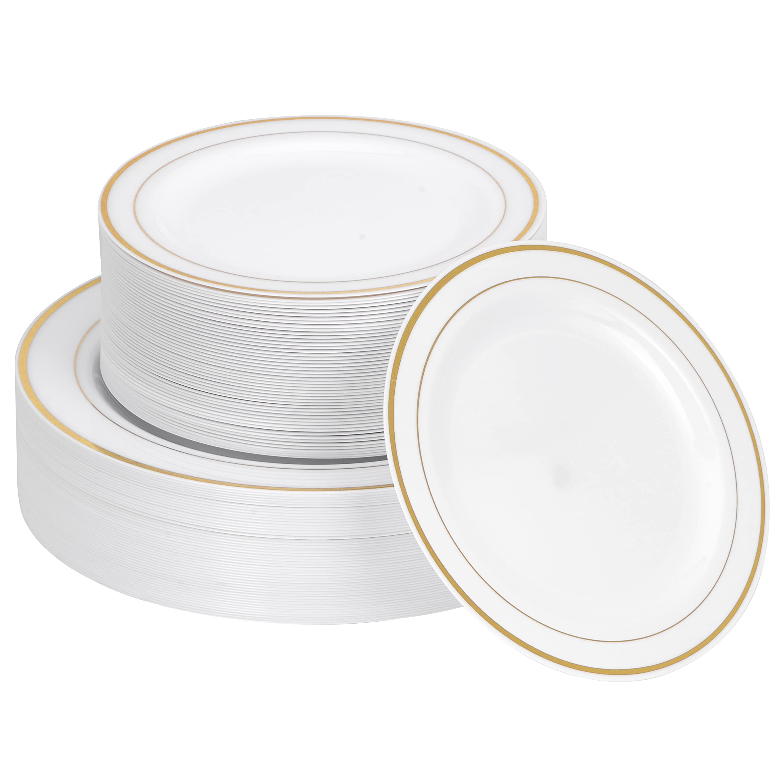 100 Pcs Plastic Plates With Gold Rim 50 Pcs Dinner Plates 10.25 Inch 50 Pcs Salad Plates 7.5 Inch Elegant Fancy Heavy Duty For Wedding Birthday Party BBQ Picnic Holiday Party
