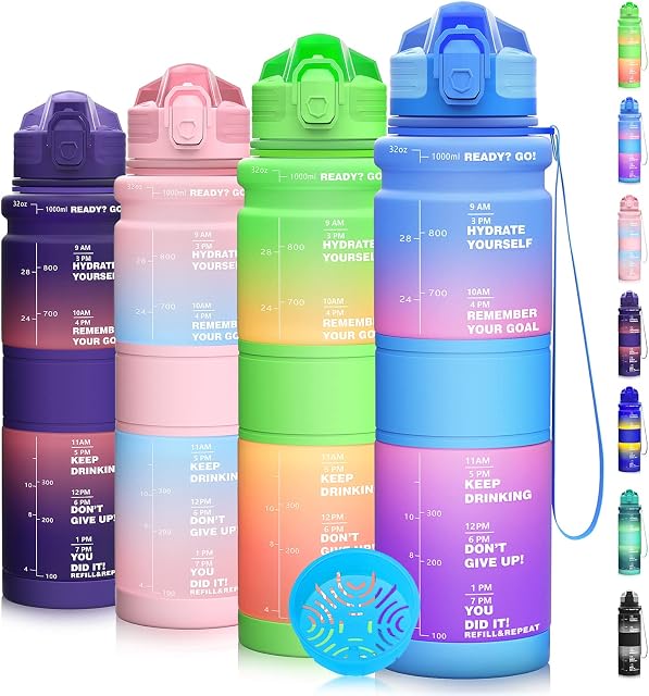 Coolfel 500ml/1l Water Bottles, Motivational Water Bottle with Time Markings, BPA Free Leakproof Sports Drinks Bottle Time Marked Daily for Kids Gym Running Fitness