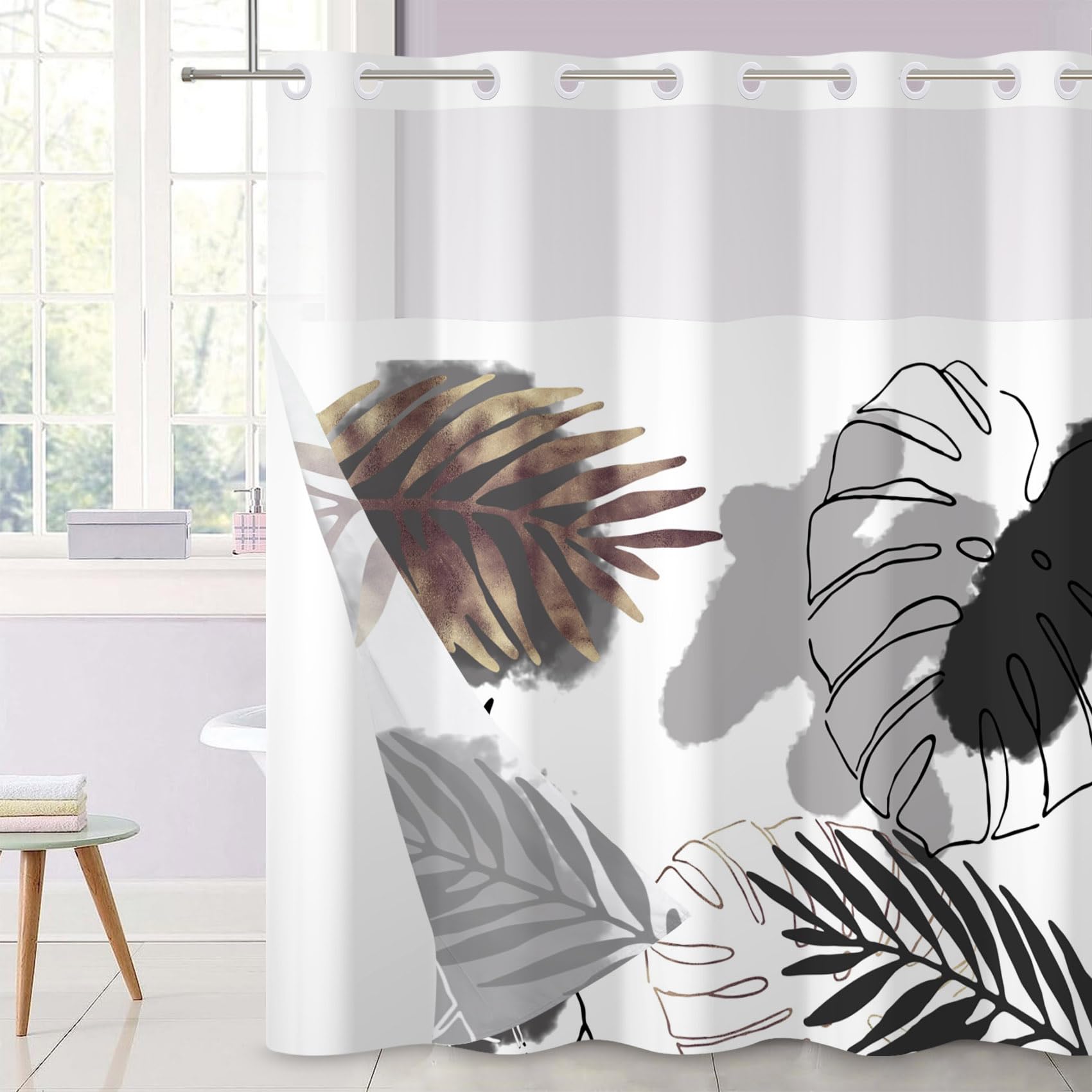 Boho Cortina de Ducha sin Gancho Hojas Doradas Grises Cortina de baño Abstracta de Mediados de Siglo Cortina de Ducha de Doble Capa con Snap in Liner Cortina de bañera Impermeable 180x200cm