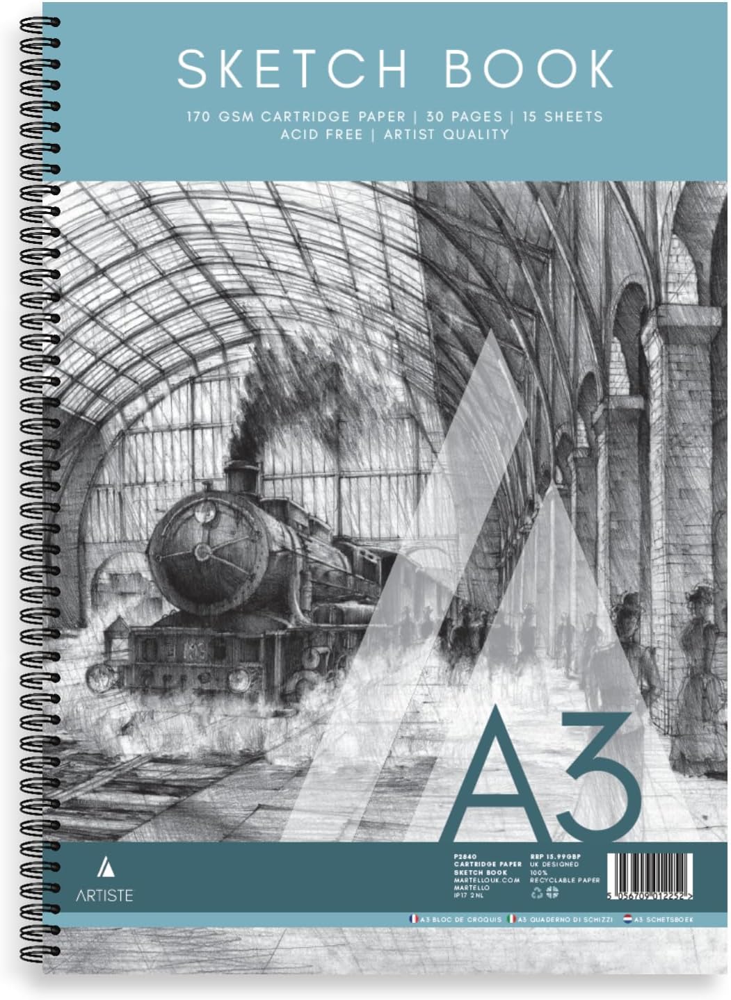 Portrait A3 Sketch Pad 170gsm White Cartridge Paper 30 Pages (15 Sheets) - Wiro Bound Acid-Free Artist Quality - Ideal for Sketching Drawing and Painting