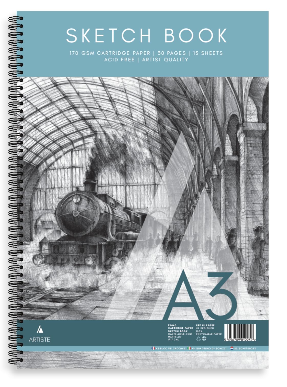 Portrait A3 Sketch Pad 170gsm White Cartridge Paper 30 Pages (15 Sheets) - Wiro Bound Acid-Free Artist Quality - Ideal for Sketching Drawing and Painting