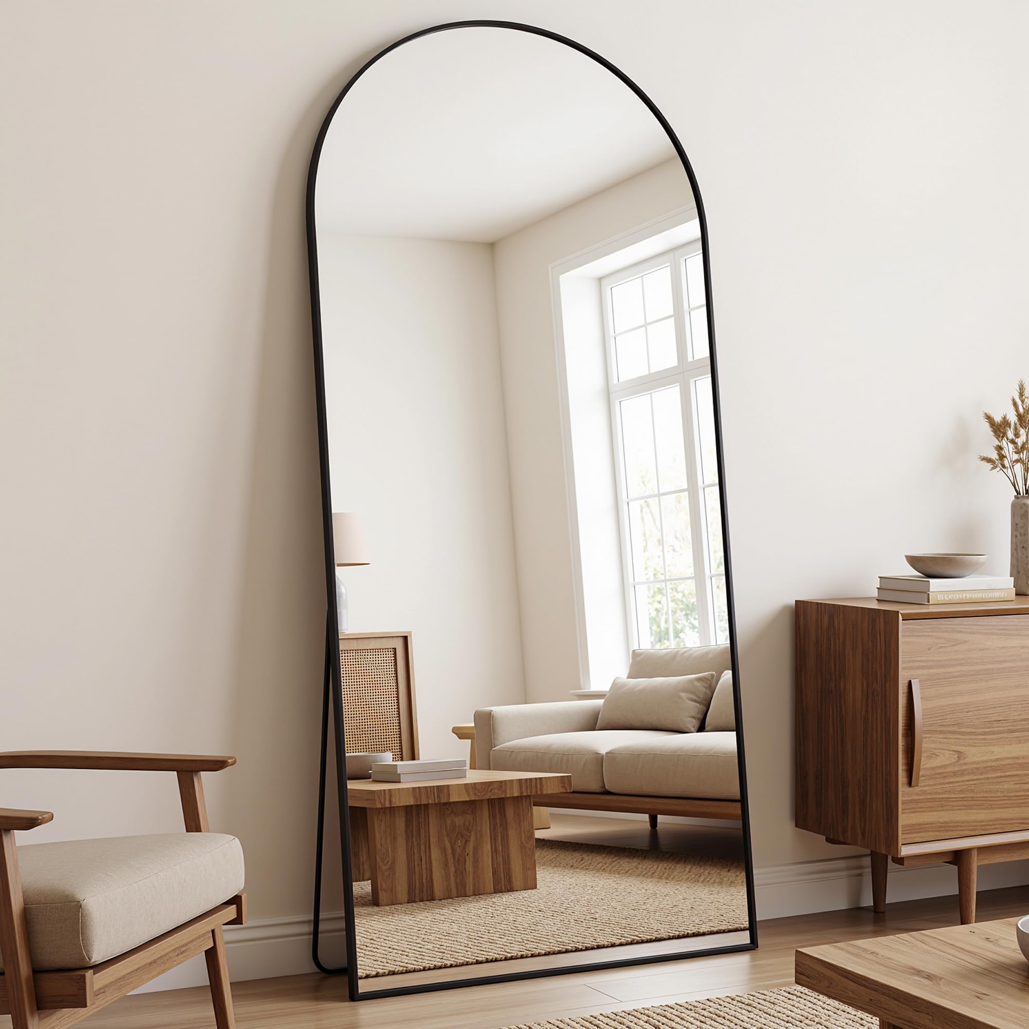 Miroir complet 180 x 82 cm, miroir sur pied bombé, cadre en alliage d'aluminium, noir