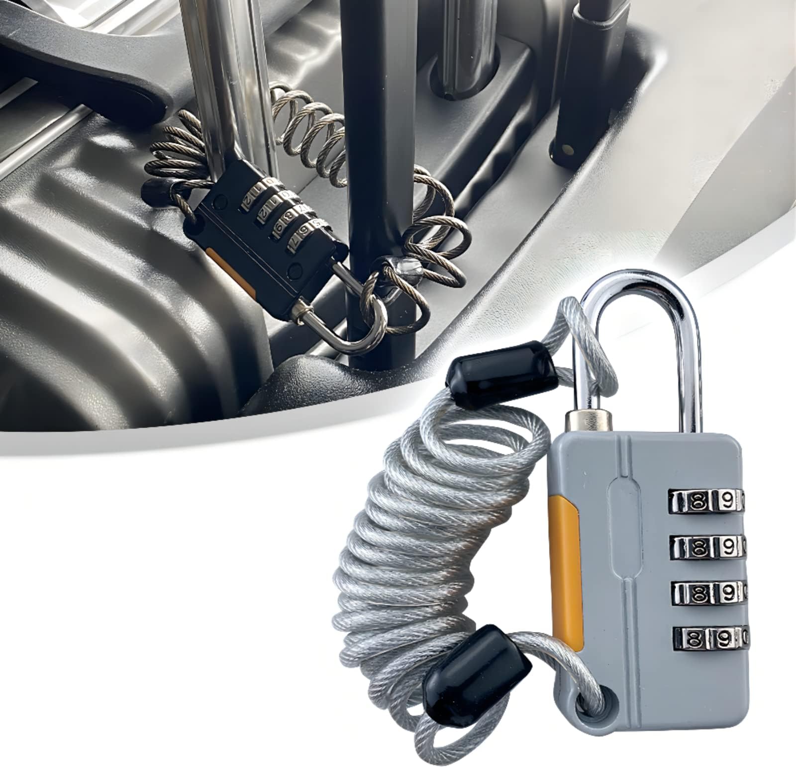 - Sunkizzrs® Travel Lock Safety 4 Digit Combination Metal Luggage Code Number Lock with Steel Cable for Door/Bag/Luggage/Gym Locker/Motorcycle Trunk/Helmet (Grey)