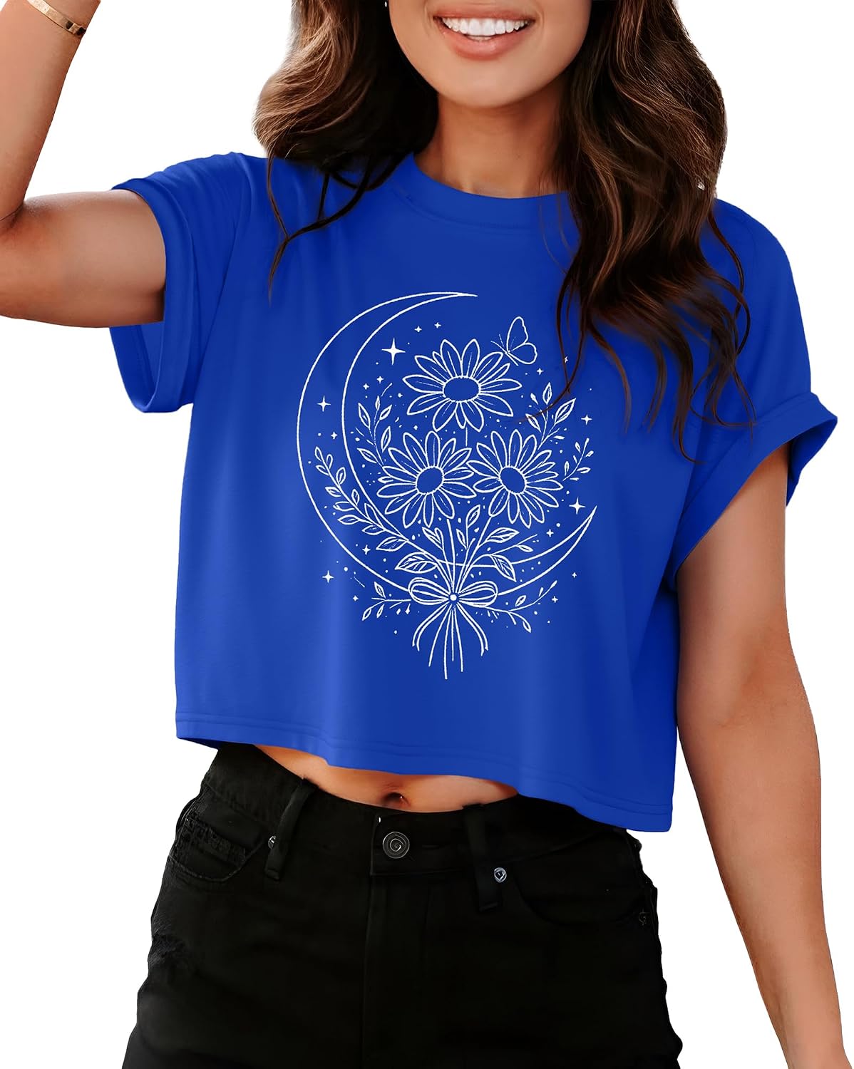 Crop Tops for Women Summer Short Sleeve Loose Fit T Shirts Casual Round Neck Rolled Basic Tees
