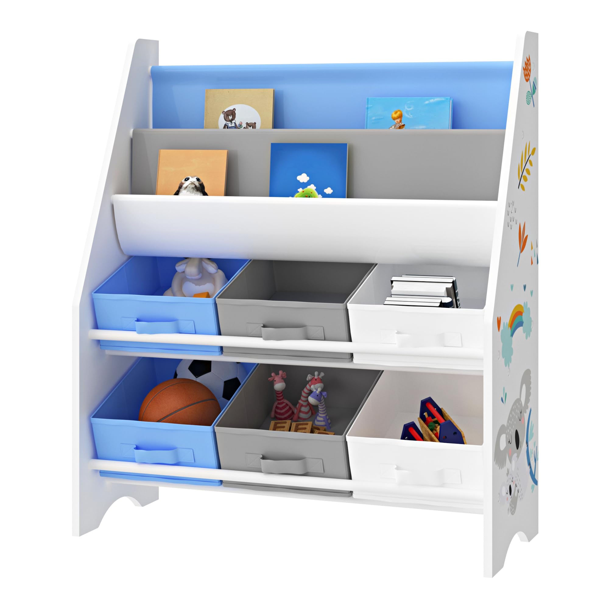 [en.casa] Scaffale per Cameretta con Contenitori Morbidi per Libri e 6 Cassetti Pieghevoli (AxLxP) 74 x 62 x 26,5 cm Mobile a Misura di Bimbi - Decorazione Koala - Blu/Bianco