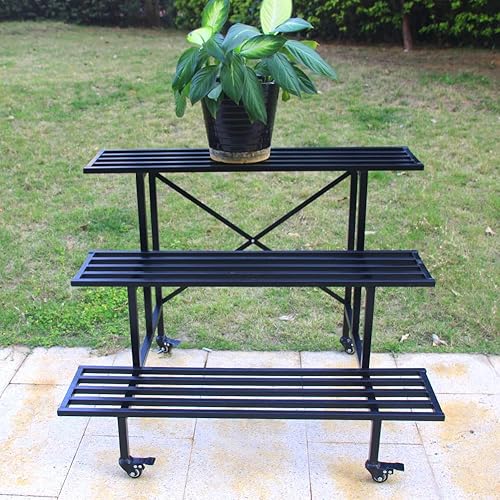 Miniatura 7 de Zhongma Carrito de jardín móvil de 3 niveles, soporte de metal resistente para plantas, estante para plantas de jardín con ruedas