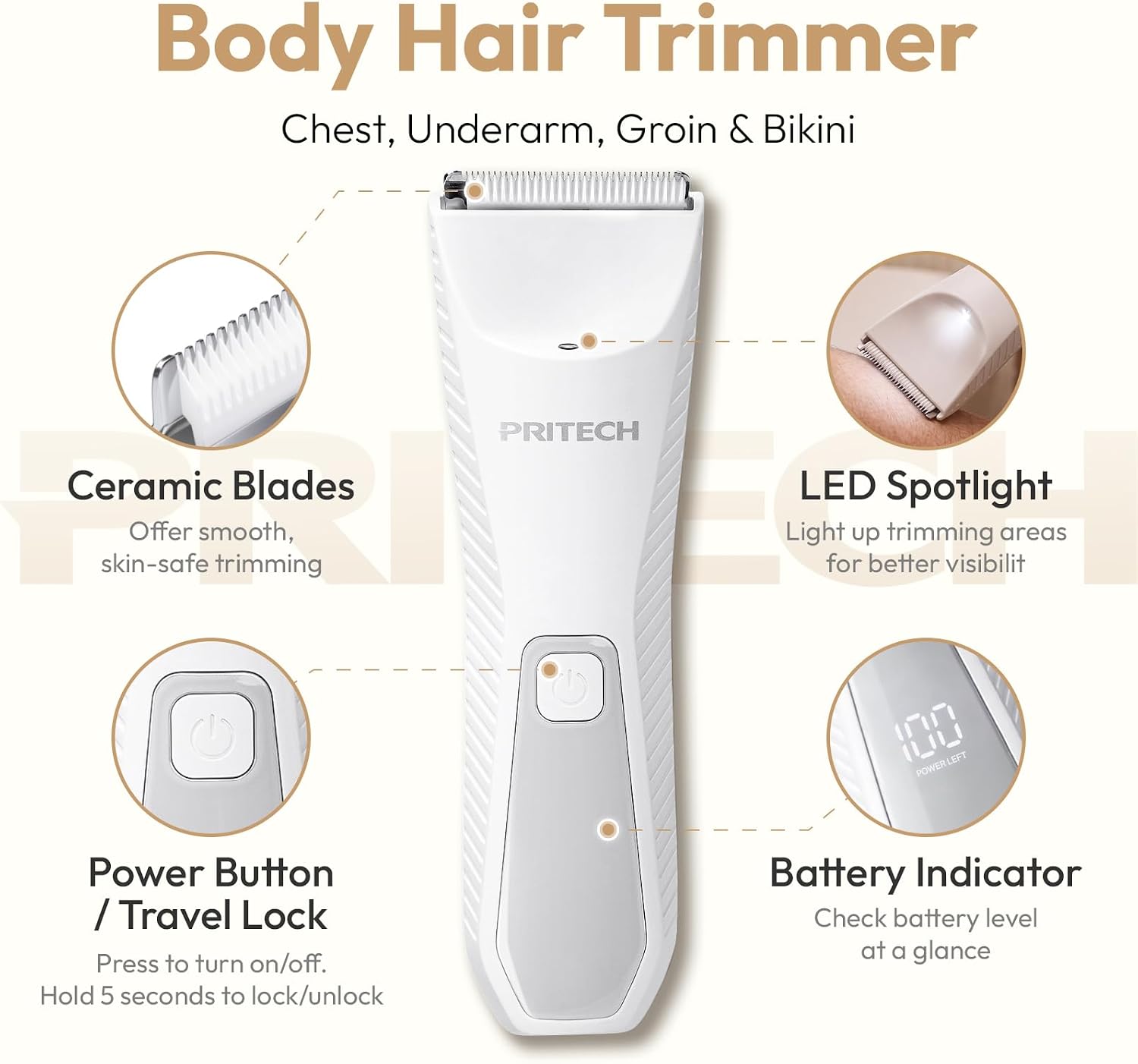PRITECH Manscape Body Hair Trimmer - Waterproof Pubic Hair Trimmer, Ceramic Blade Shavers Electric Razors for Women/Men with USB-C Charging, Wet/Dry Use, Grooming Kits, Gifts, White
