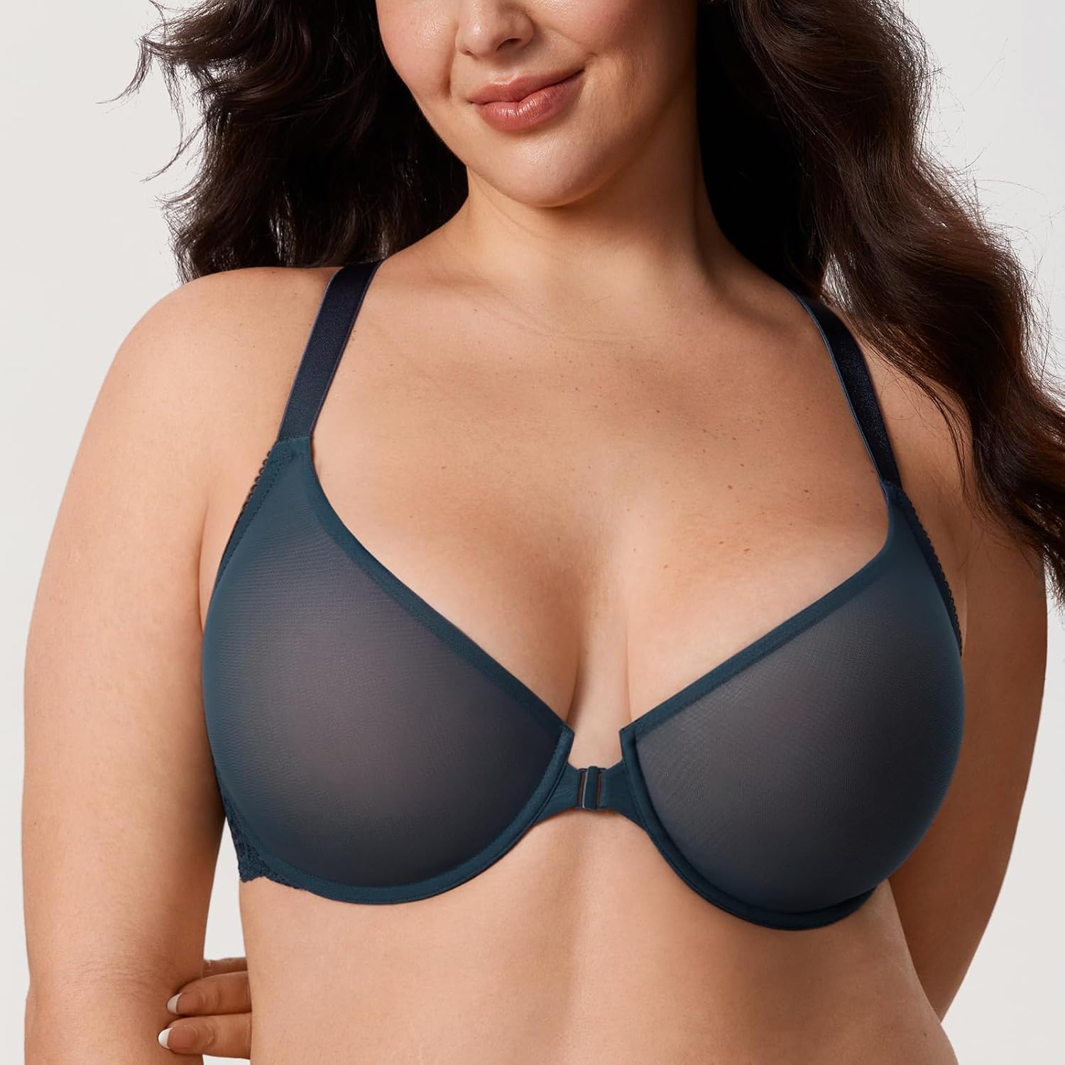 DELIMIRA Women's Front Closure Racerback Bra Sheer Mesh Plus Size Full Coverage Underwire Unlined Bras - Image 4