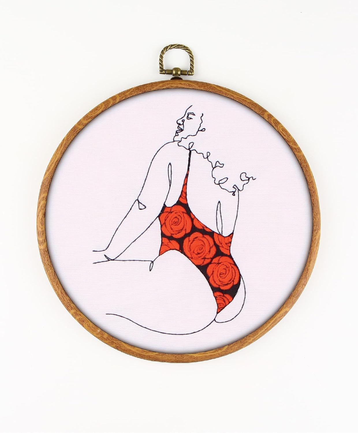 Curly Woman EM038 - DIY Embroidery Kit. Set of Threads, Needles, Stamped Cloth, Needle Threader, Embroidery Clippers and Printed Color Pattern Inside.