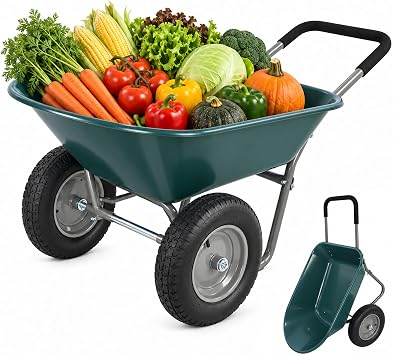 Dual Wheel Wheelbarrow, Heavy Duty Garden Cart, 300 lbs Capacity Utility Cart with Two 15 inches Pneumatic Tires for Outdoor Lawn Yard Farm Ranch Green