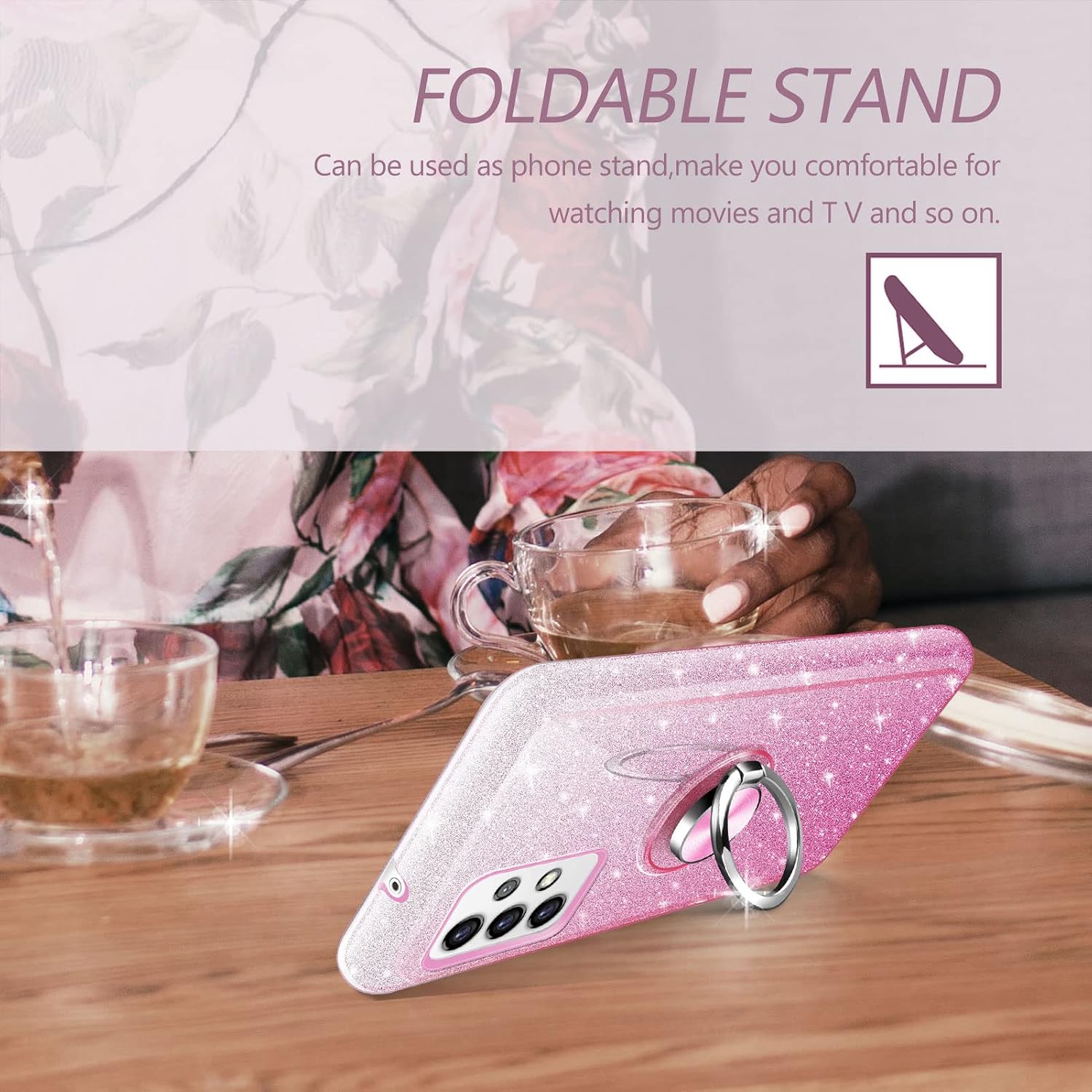 KSWOUS for Galaxy A53 5G Case with Screen Protector [2 Pack], Glitter Sparkly Bling Pink Protective Cover with Kickstand for Women Girls Slim Shockproof Case for Samsung A53 5G Phone Case (Pink)
