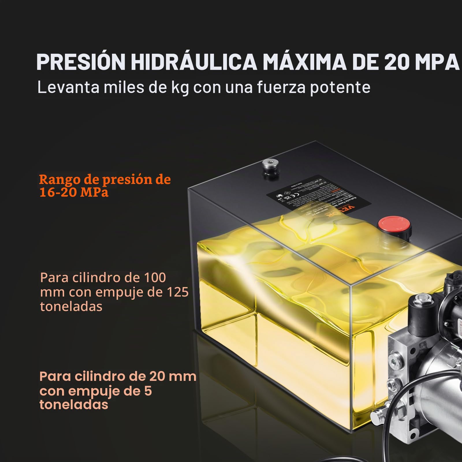 VEVOR Bomba Hidráulica DC 12 V 8 L Unidad Hidráulica de Acción Única Flujo de Aceite 3,44 L/min Presión Máxima de Descarga 22 MPa para Volquete, Plataforma Elevadora, Remolque, Elevación y Descarga