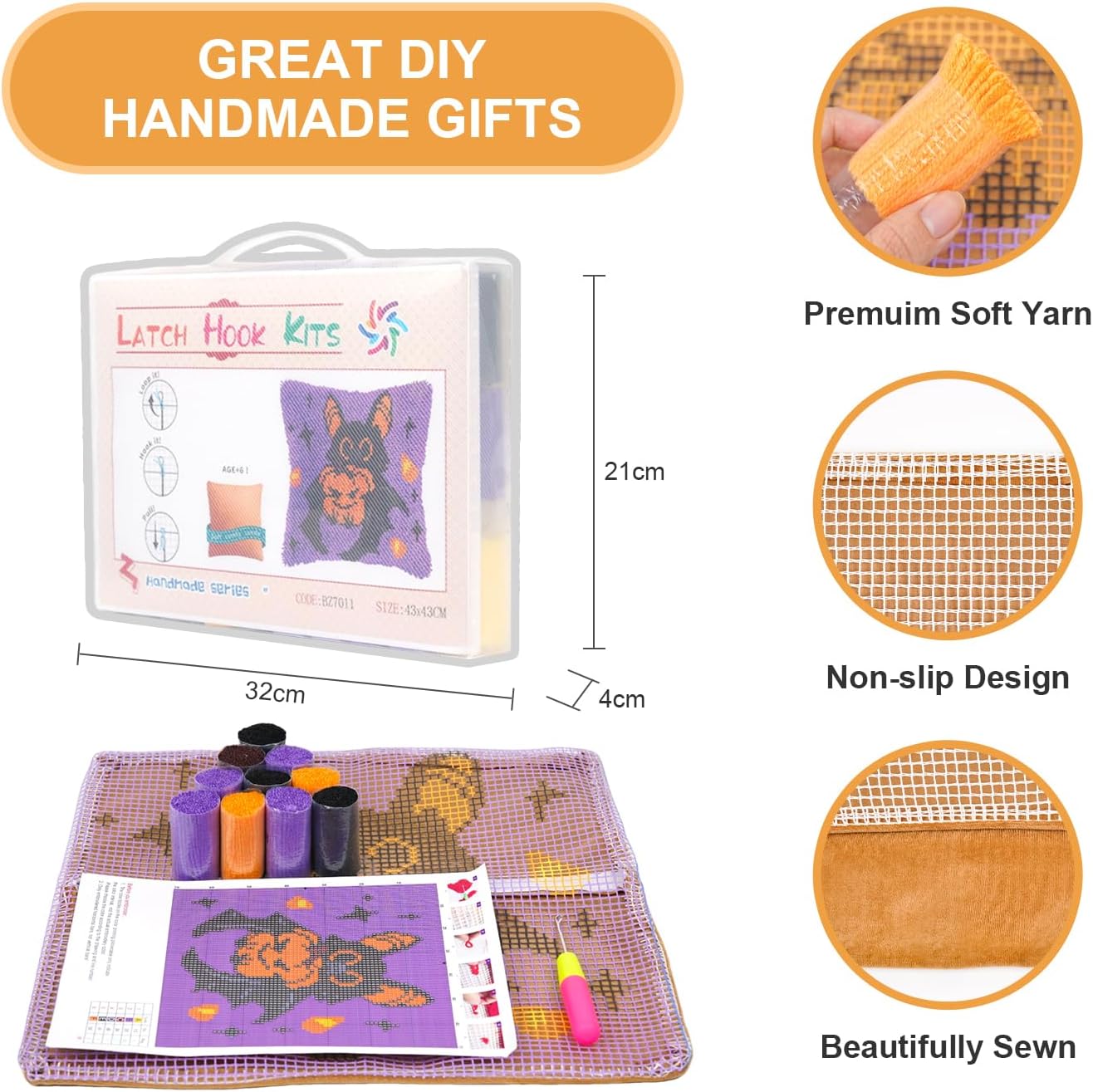 QIONG MENG Latch Hook Kits for Adults, DIY Halloween Bat Pattern Pillow Cover Kit Needlework Cushion Cover Hand Craft Crochet for Home Sofa Decorations 17 x 17 Inch