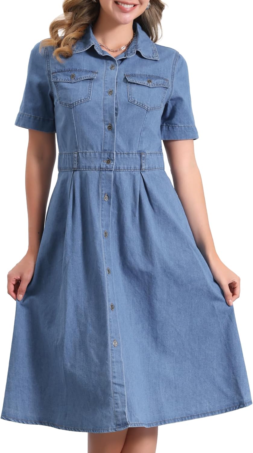 Allegra K Denim Dress for Women's Collared Short Sleeve A-Line Button Up Jean Midi Dresses