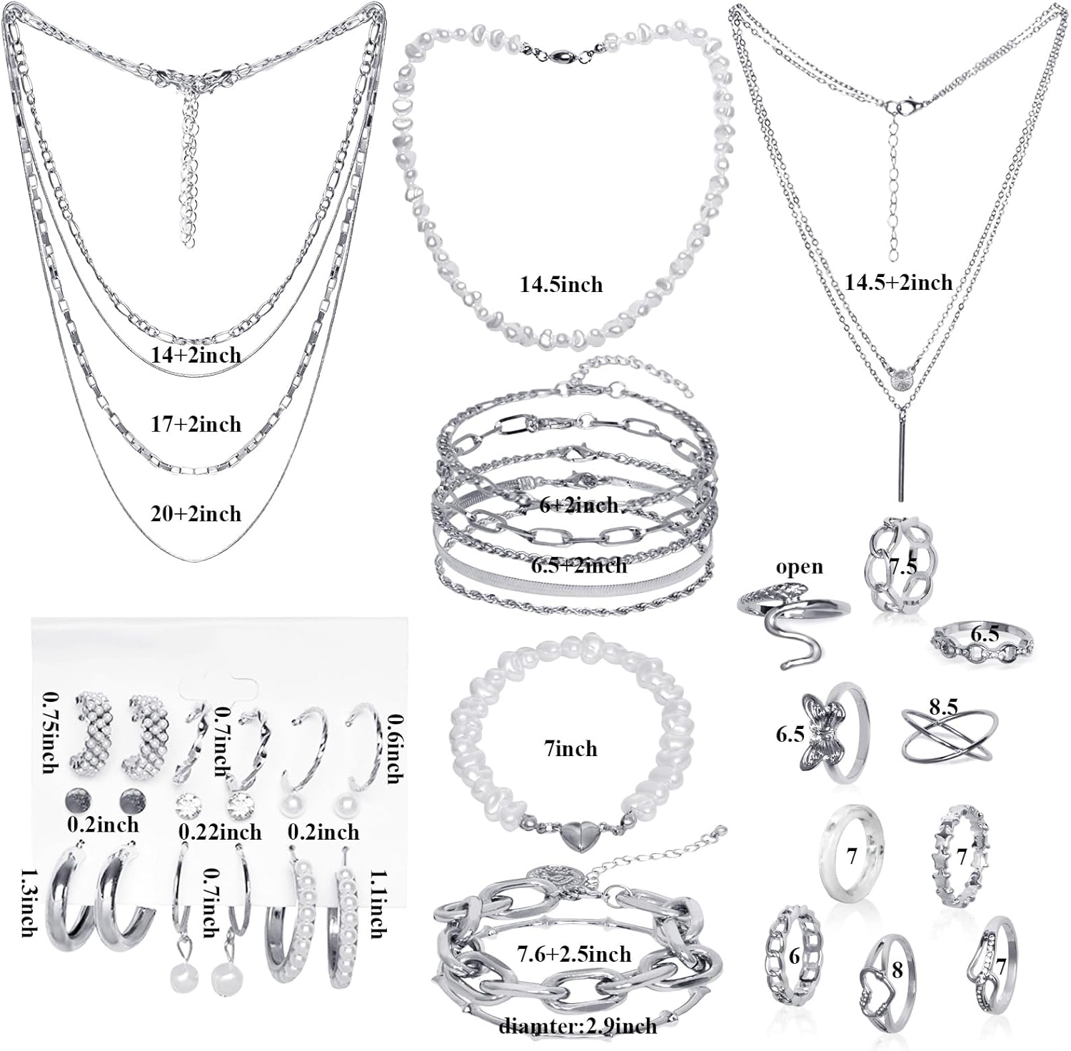 34 Pcs Silver Jewelry Set for Women Layered Bracelets Ball Dangle Hoop Earrings Stackable Knuckle Rings Set Dainty Adjustable Necklaces Valentine Anniversary Trendy Party Costume Accessories Jewelry - Image 2