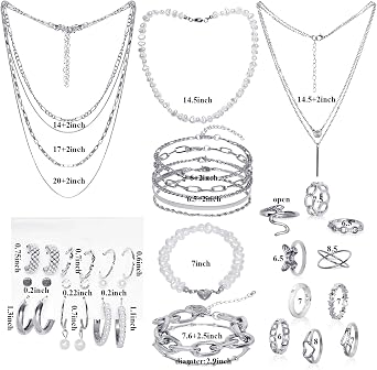 Gold/Silver Jewelry Set for Women Layered Bracelets Ball Dangle Hoop Earrings Stackable Knuckle Rings Set Dainty Adjustable Necklaces Valentine Anniversary Trendy Party Costume Accessories Jewelry