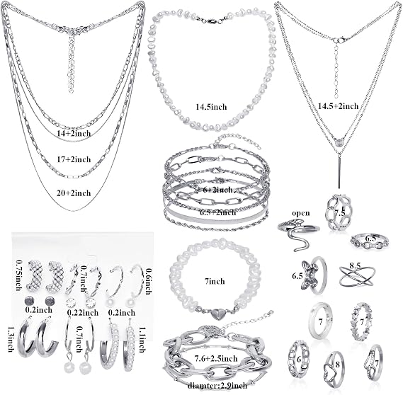 Gold/Silver Jewelry Set for Women Layered Bracelets Ball Dangle Hoop Earrings Stackable Knuckle Rings Set Dainty Adjustable Necklaces Valentine Anniversary Trendy Party Costume Accessories Jewelry