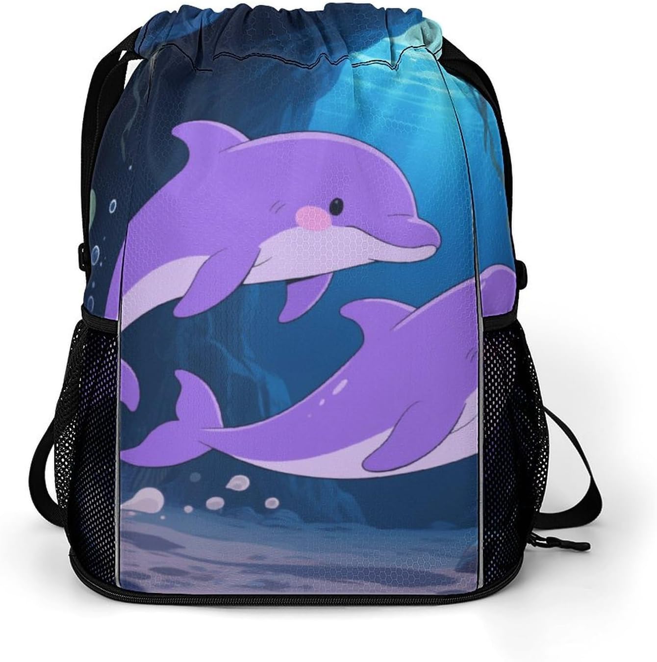 Small Gym Bag Purple Dolphin Printed Drawstring Gym Bag for Men Lightweight Waterproof Drawstring Backpack for Women with Shoe Compartment for Travel Tourism Work And Fitness
