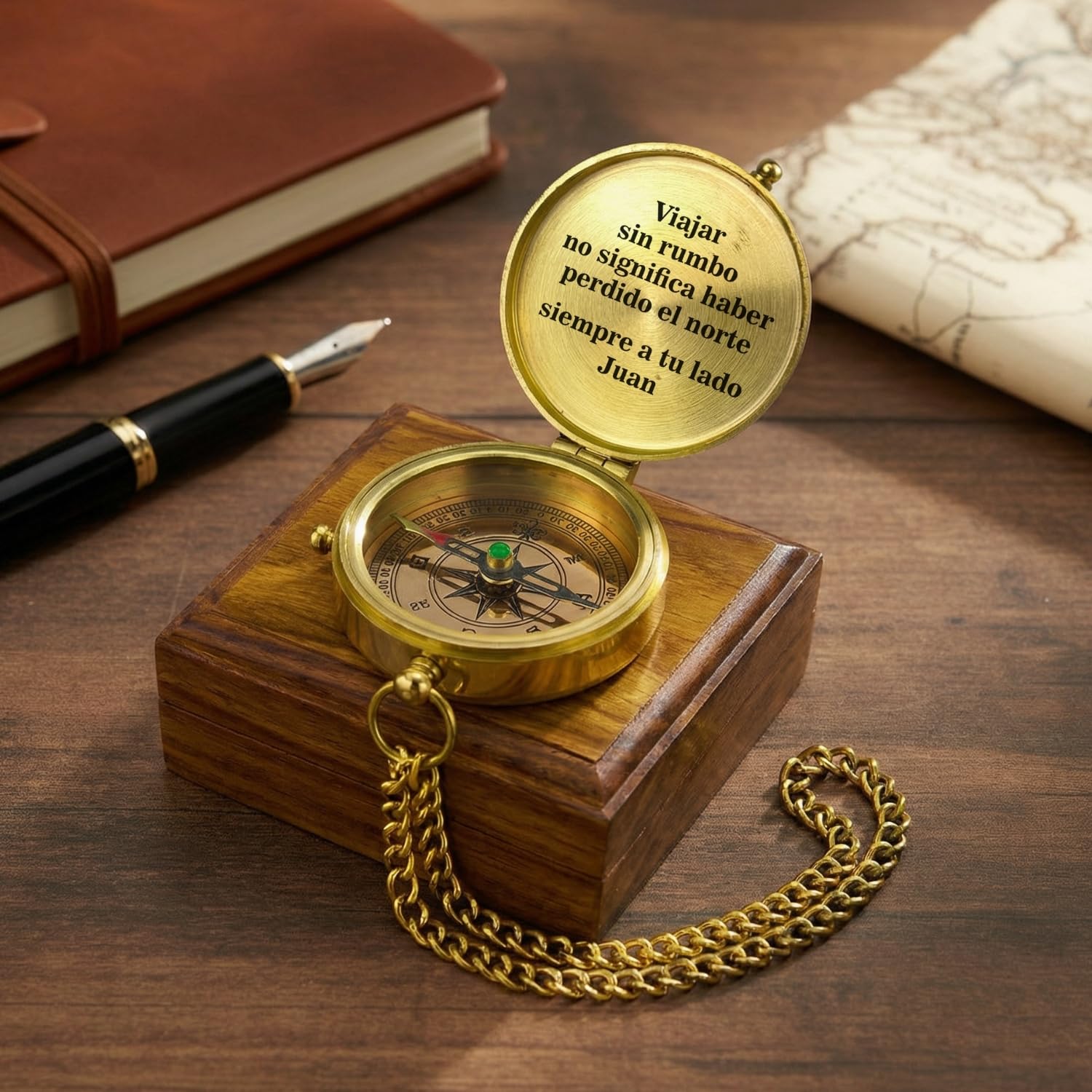 Brújula con tu Texto Personalizado, Funda de Piel o Caja Regalo de Madera Disponible, Vintage