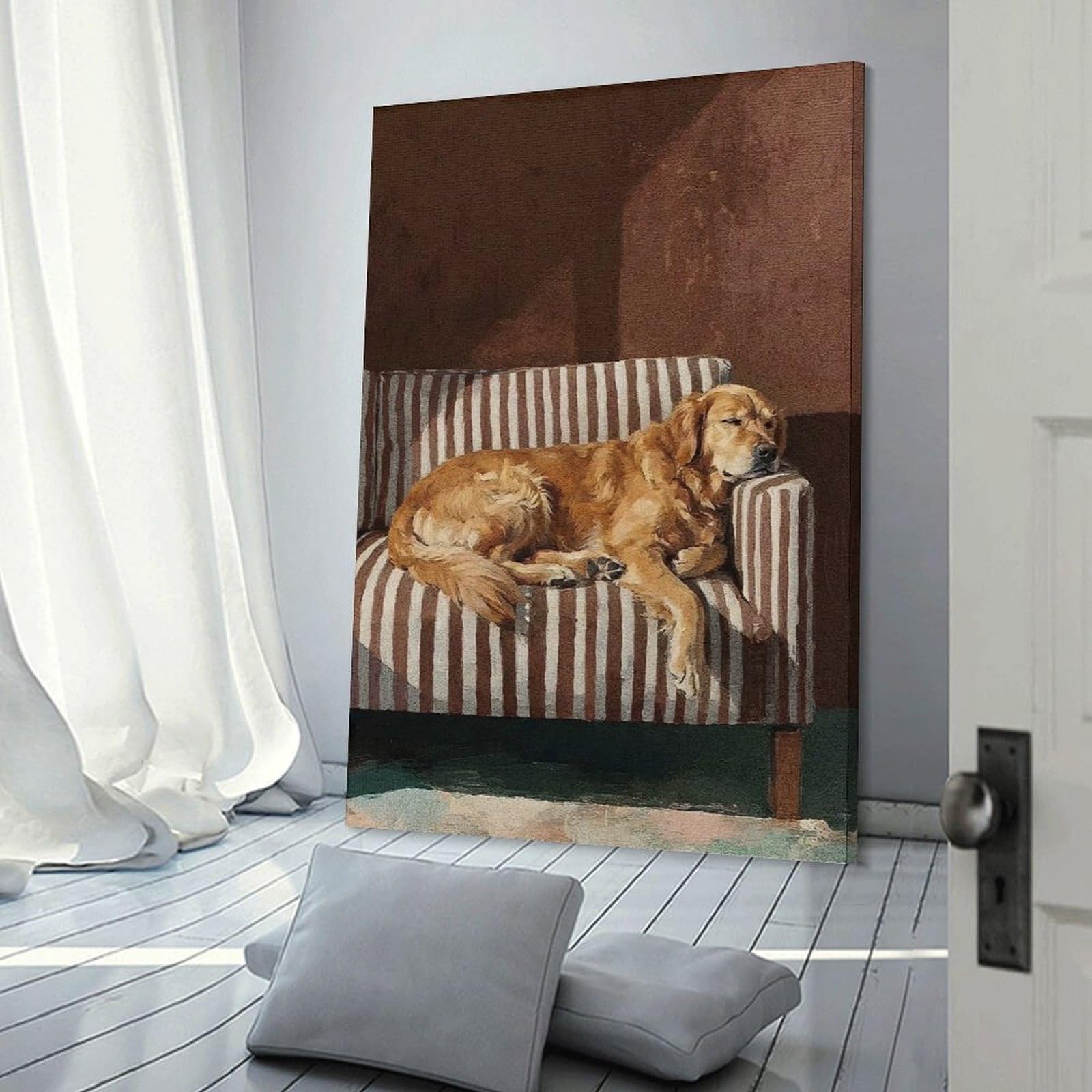 Junmoney Frame-Style-17 Canvas Wall Picture Golden Retriever Sleeping On Striped Couch, 16X24inch(40X60cm), For Home Lounge, Bedroom Or Reading Nook, A Home Accent With Warm Character