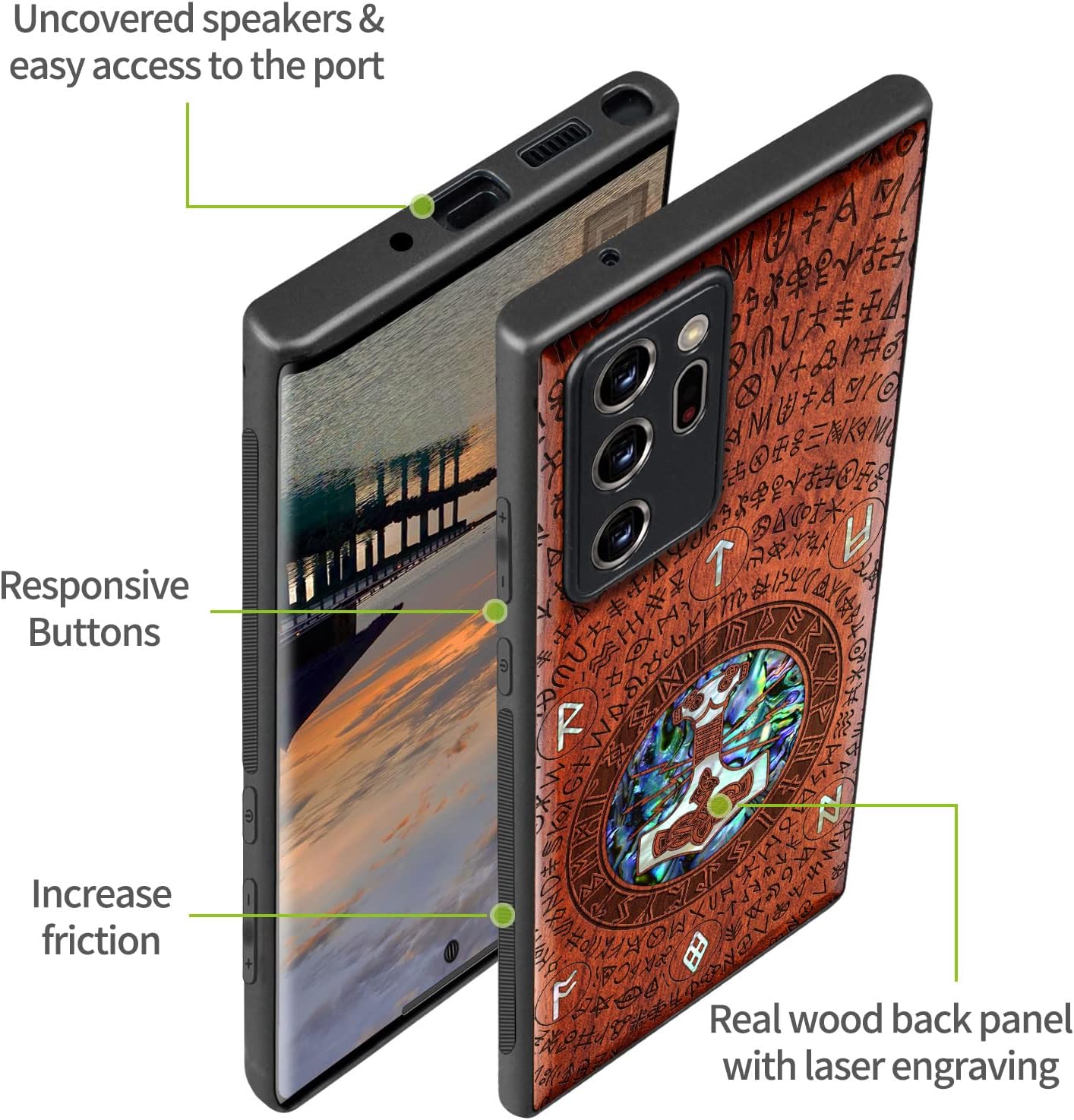 Carveit Designer Wooden Case for Samsung Galaxy Note20 Ultra Case Cover [Wood Engraving & Shell Inlay] Compatible with Wireless Chargers Galaxy Note20 Ultra Unique Case (Thors Hammer)