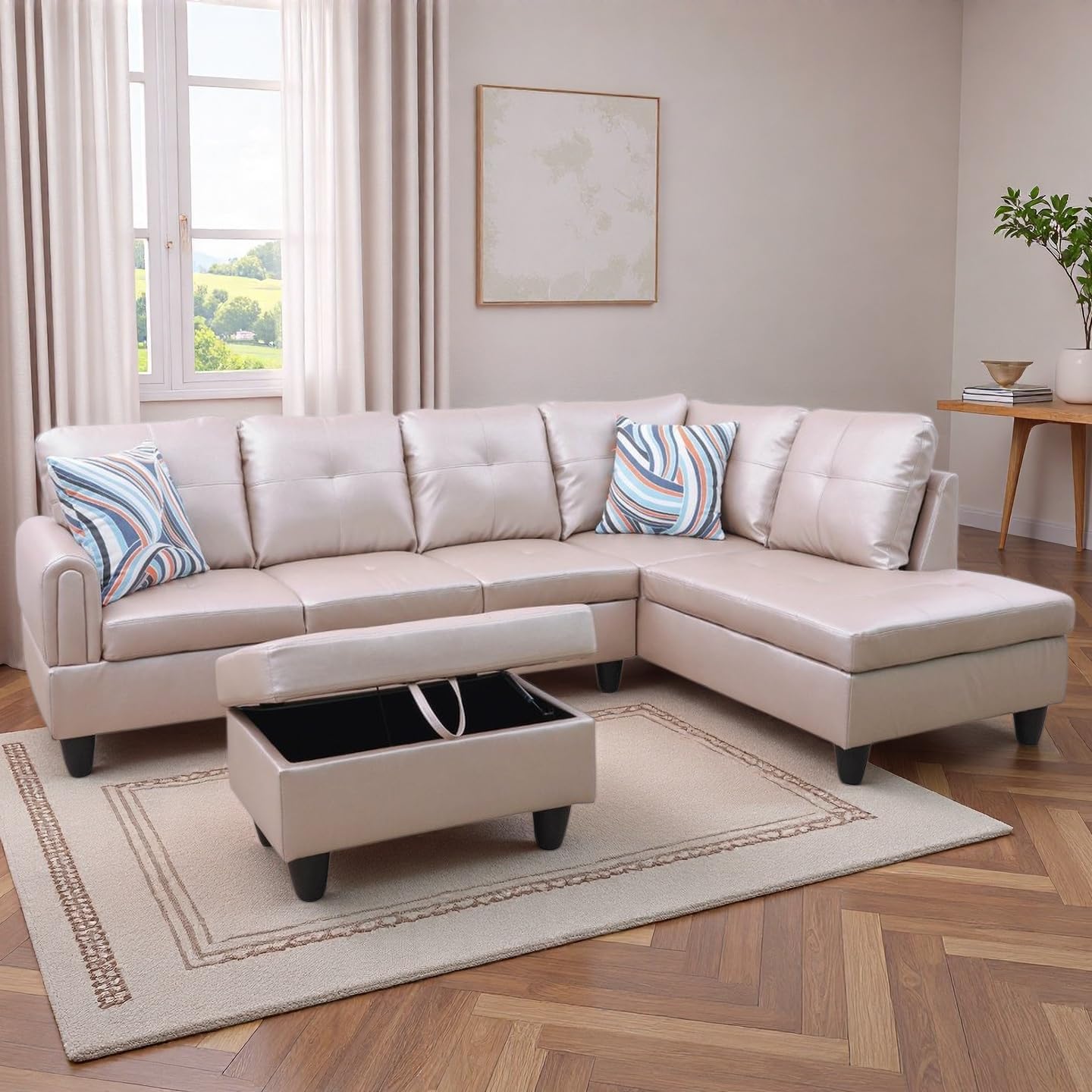 NicBex Modular L-Shaped Sectional Couches, 3-Piece Convertible Couch with Storage Ottoman, 4-Seat Comfy Sofa with Chaise for Living Room & Apartment, Latte