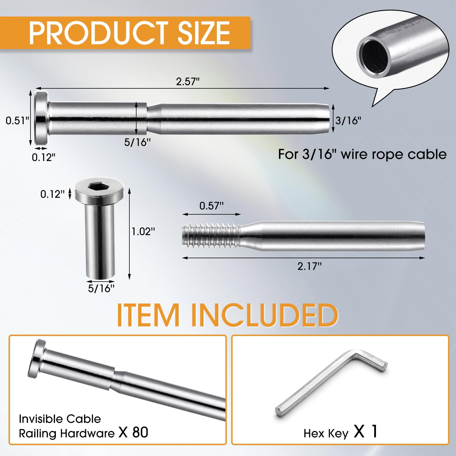 Blulu Kit di 80 cavi invisibili, in acciaio inox T316, ricevitore invisibile da 3/16" e estremità a vite prigioniera, tenditore da 0,3 cm per pali in legno/metallo, hardware per ringhiere