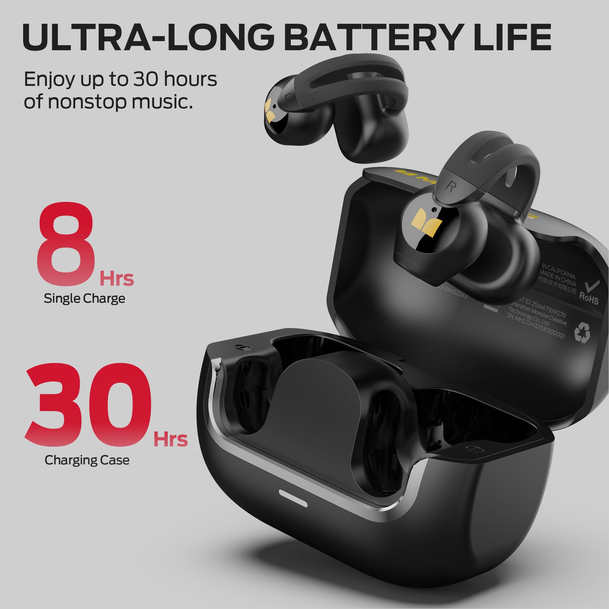Monster Open Ear AC221 Headphones, Bluetooth 6.0 Wireless Earbuds Stereo Sound, Clip on Earbuds With 30H Playback, Clear Calls, Type-C Charging, Touch Control, IPX6 Waterproof Wireless Open Headphones - 5