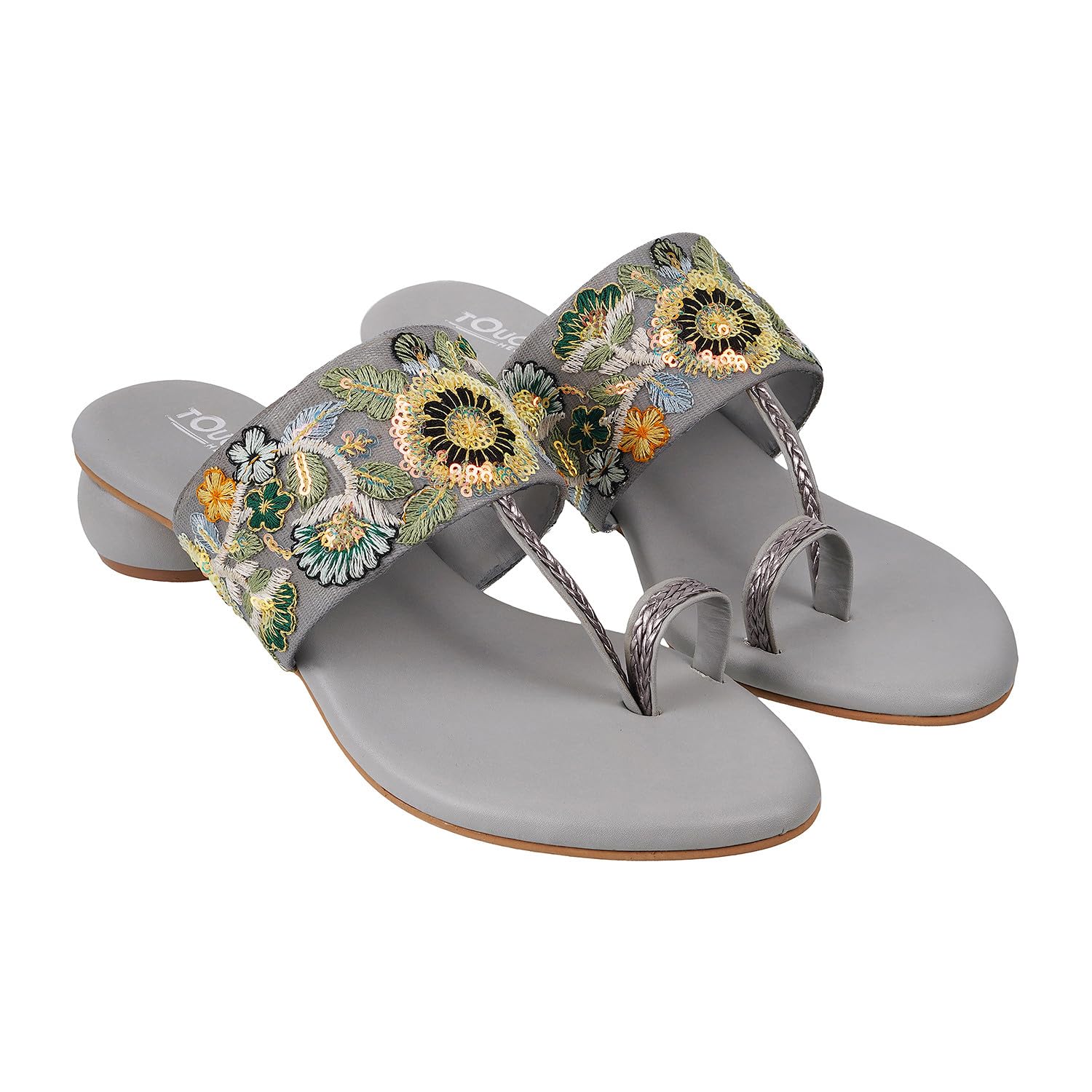 Touch Heel Ladies Kolhapuri Heels - Latest Embroidered Slip On Women Sandals - Perfect for Casual and Festive Occasions (Grey,2UK) (B0D45S7FT7) Amazon Price History, Amazon Price Tracker