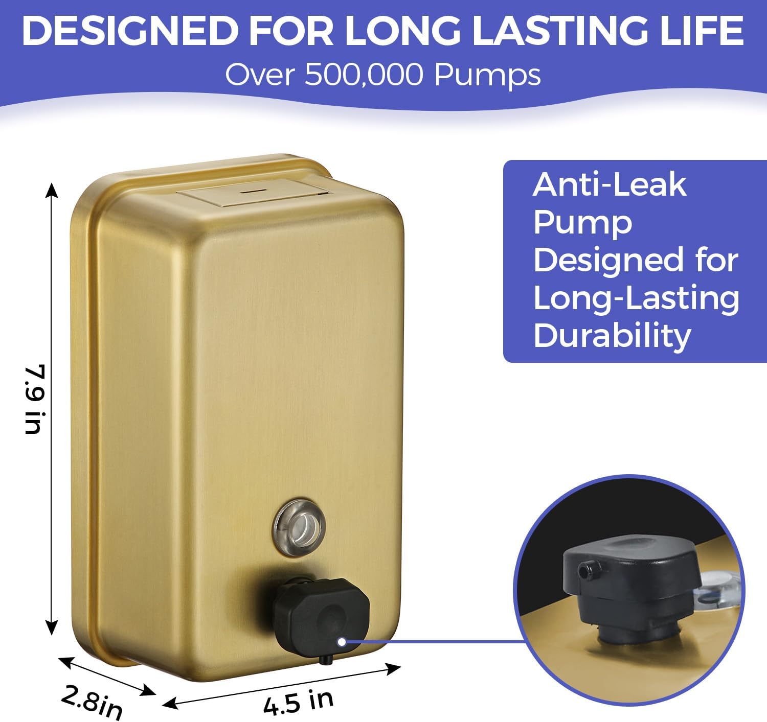 Brushed Gold Stainless Steel Vertical 1100ml/37oz Capacity Commercial-Grade Soap Dispenser, Wall-Mounted Bathroom Hand Soap Dispenser with Corrosion-Proof Lining and Anti-Leak Pump - Image 5