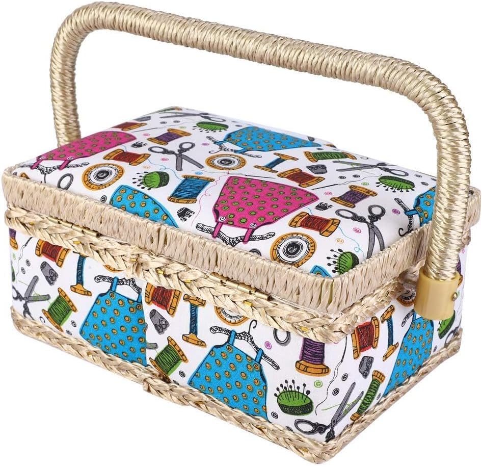Sewing Basket, Fabric Covered Sewing Box Organiser, Handmade Sewing Kit Storage Box with Handle, Removable Internal Tray for Sewing, Quilting and Knitting Supplies