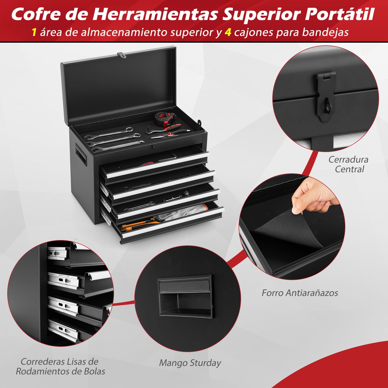 GYMAX Carro de Herramientas con Ruedas, 2 Ruedas con Bloqueo, Armario de Herramientas con 5 Cajones, Gancho, Estante Ajustable y Forro Antideslizante (Negro, 59 x 28 x 102 cm)
