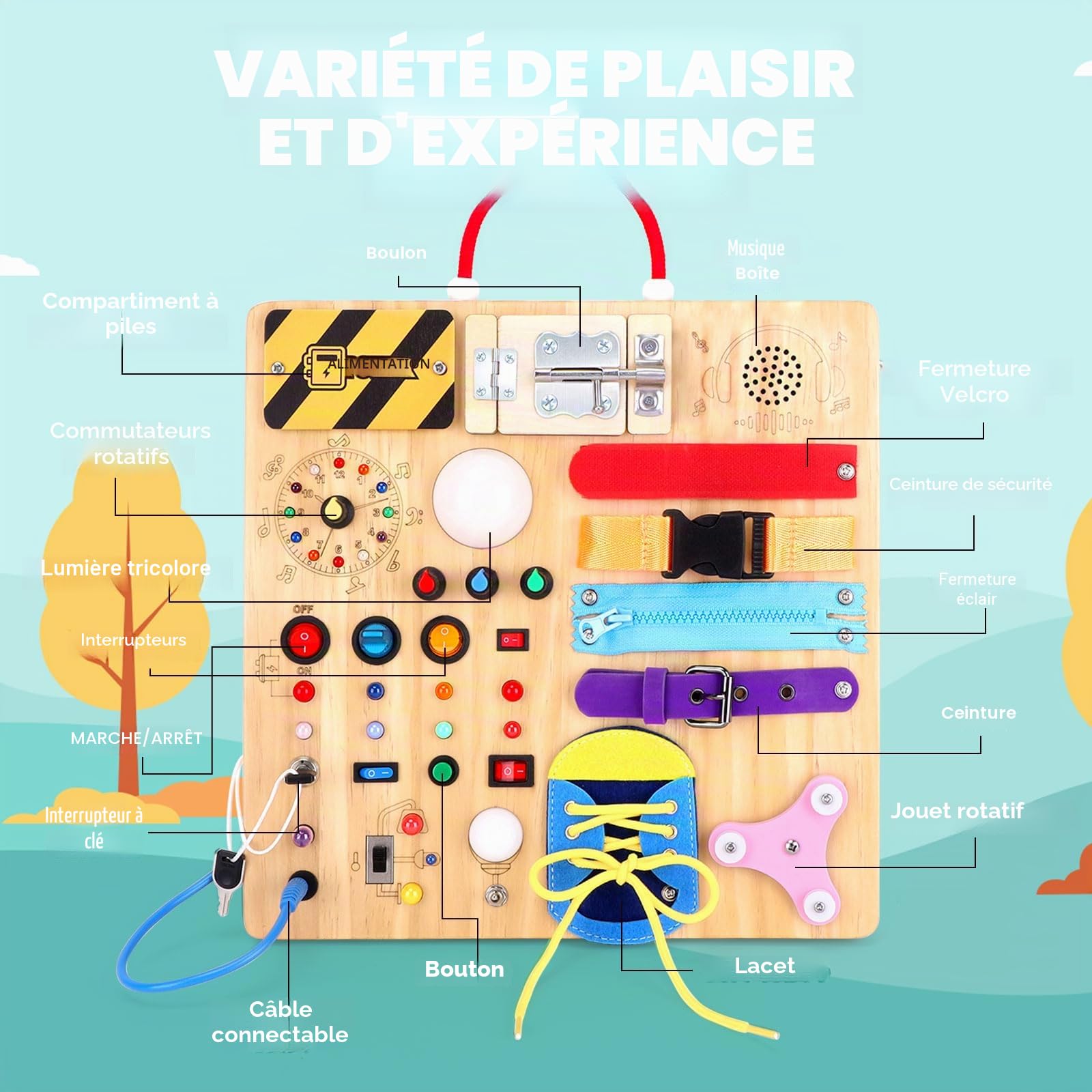 Montessori Busy Board 23 en 1 pour les tout-petits à partir de 1 an, jouet en bois, avec 15 interrupteurs, 26 lumières LED, boîte à musique, fermeture éclair et serrure, jouet sensoriel pour enfants