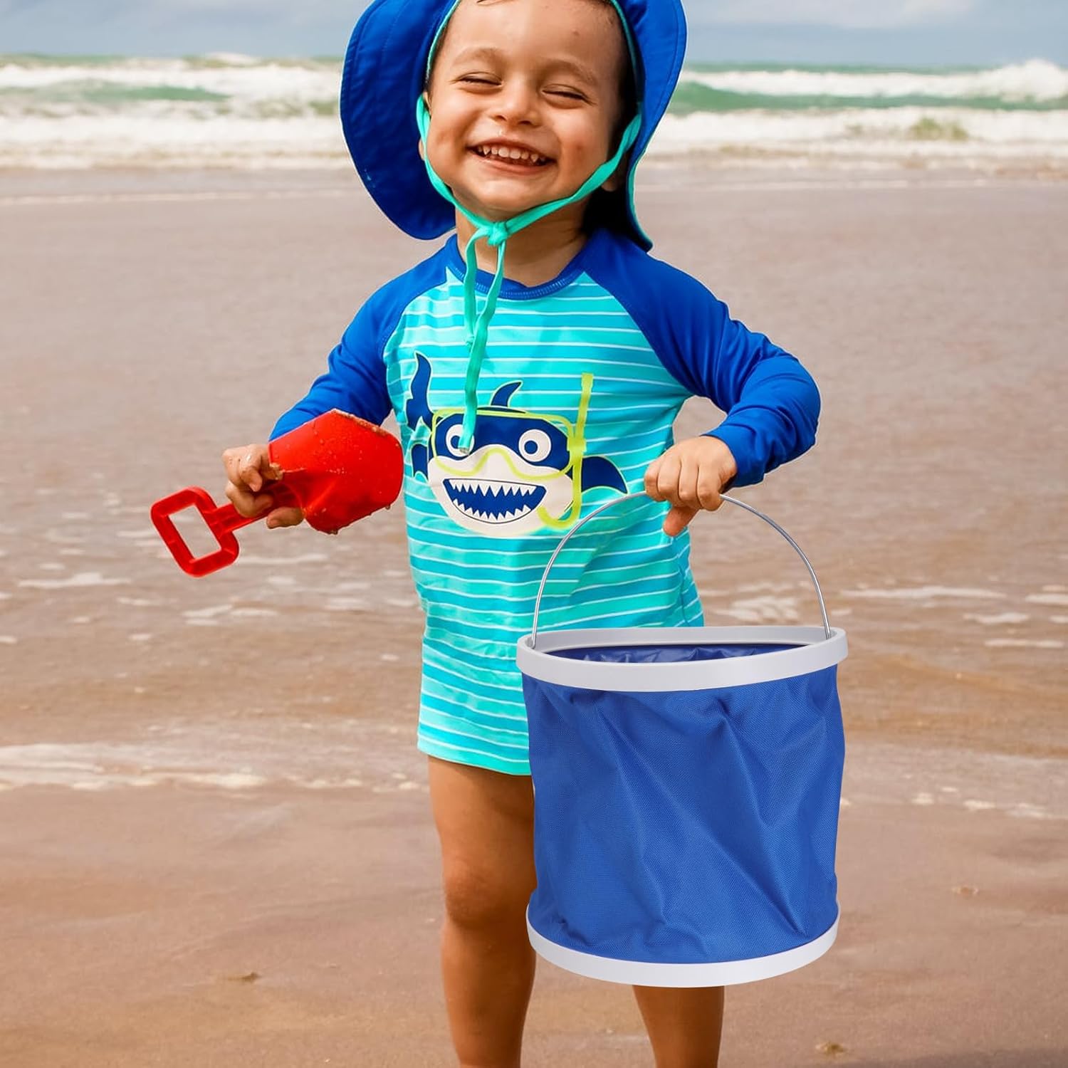 Professional Clam Digging Rake Set with 5-Prong Stainless Steel Claw, Wood Handle Sea Shell Digger and Mesh Net, Includes 9l Collapsible Bucket for Beach and Gardening Use Random