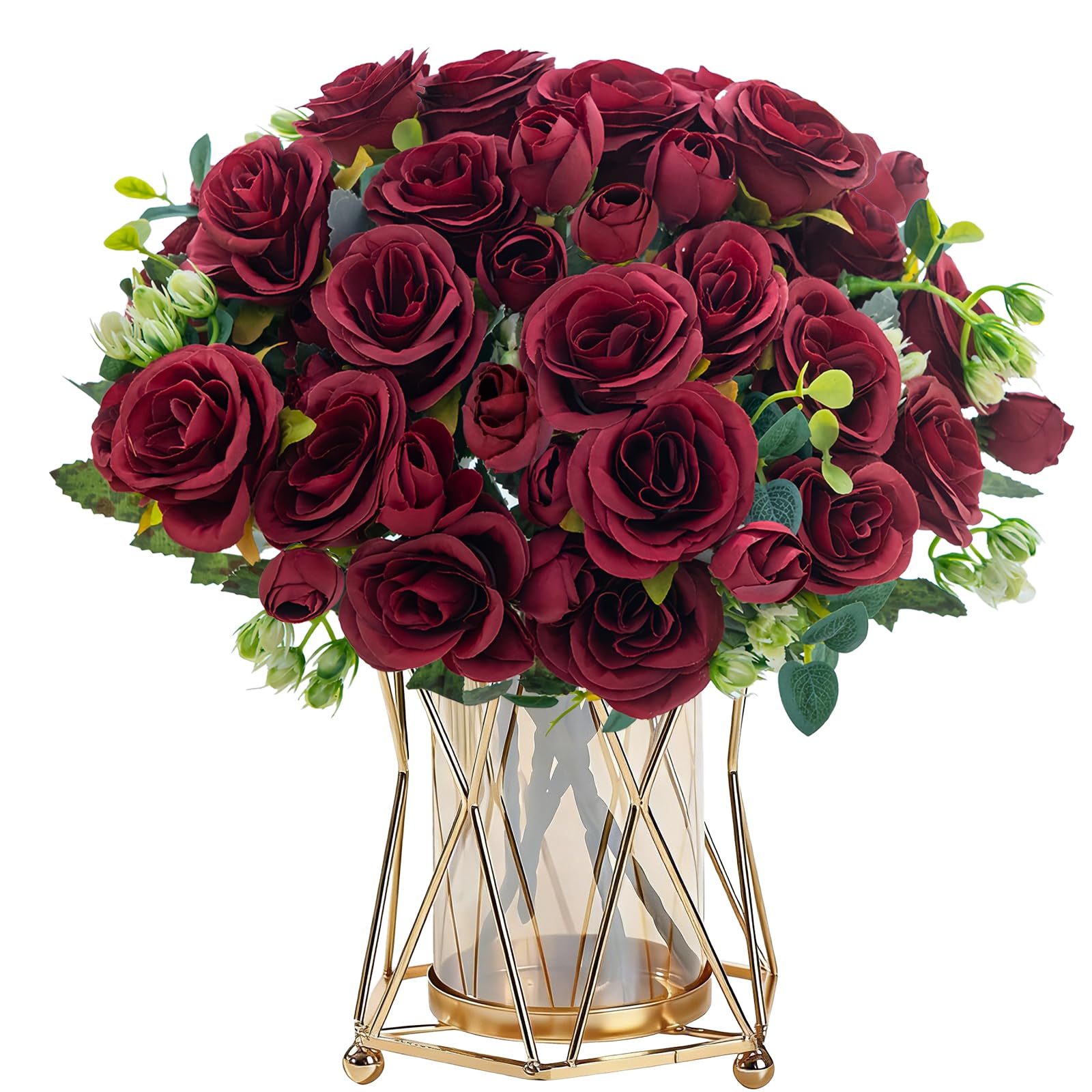 KUANINUNAR 4 Bunches Rose Artificial Flowers Red Fake Roses Bouquet Valentine's Day Artificial Rose Flowers Bouquet Faux Rose Bridal Bouquets for Wedding Party Home Table Decoration Centerpieces