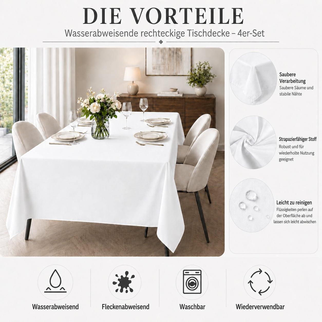Pesonlook 4er-Set Rechteckige Tischdecke Weiß, 153 x 320 cm, Polyester-Tischtuch Waschbar, Wasserabweisend und Fleckenabweisend, Stofftischdecke für Hochzeit, Bankett, Party, Buffet