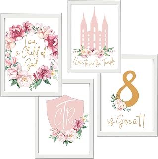 VICTORIAGRACES LDS Set of 4 I am a child of God - Temple - 8 is great - CTR Pink Print Set - Baptism Gift for Girls - Girl Wall Decor