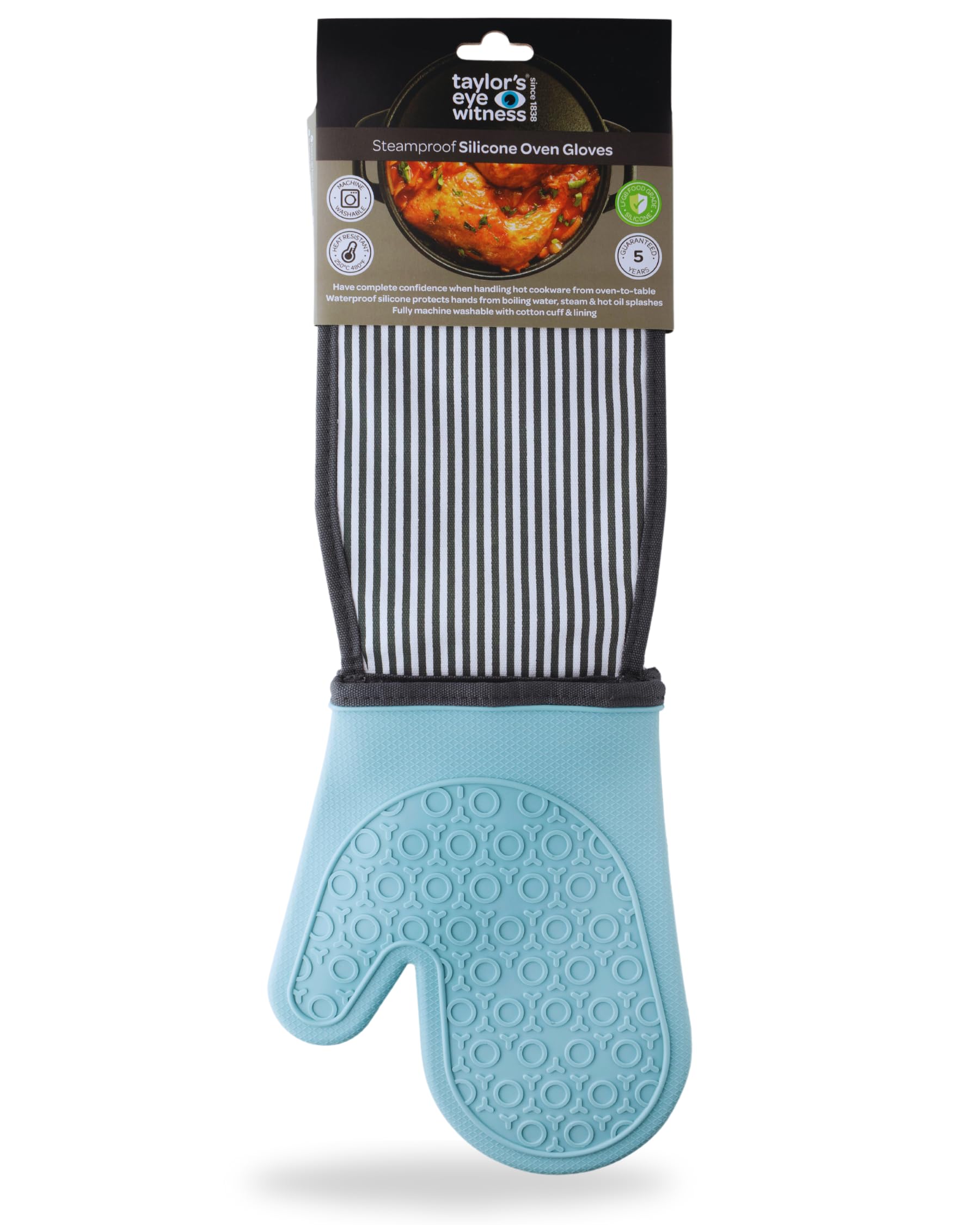 Taylors Eye Witness Boys Blue Silicone Double Oven Gloves Aqua Stripe – Steam Proof, Waterproof Heat Resistant (Upto 250°C/480°F). Safe From Boiling Water & Hot Oil. Machine Washable, Bpa & Phthalate Free. 5 Year Guarantee.