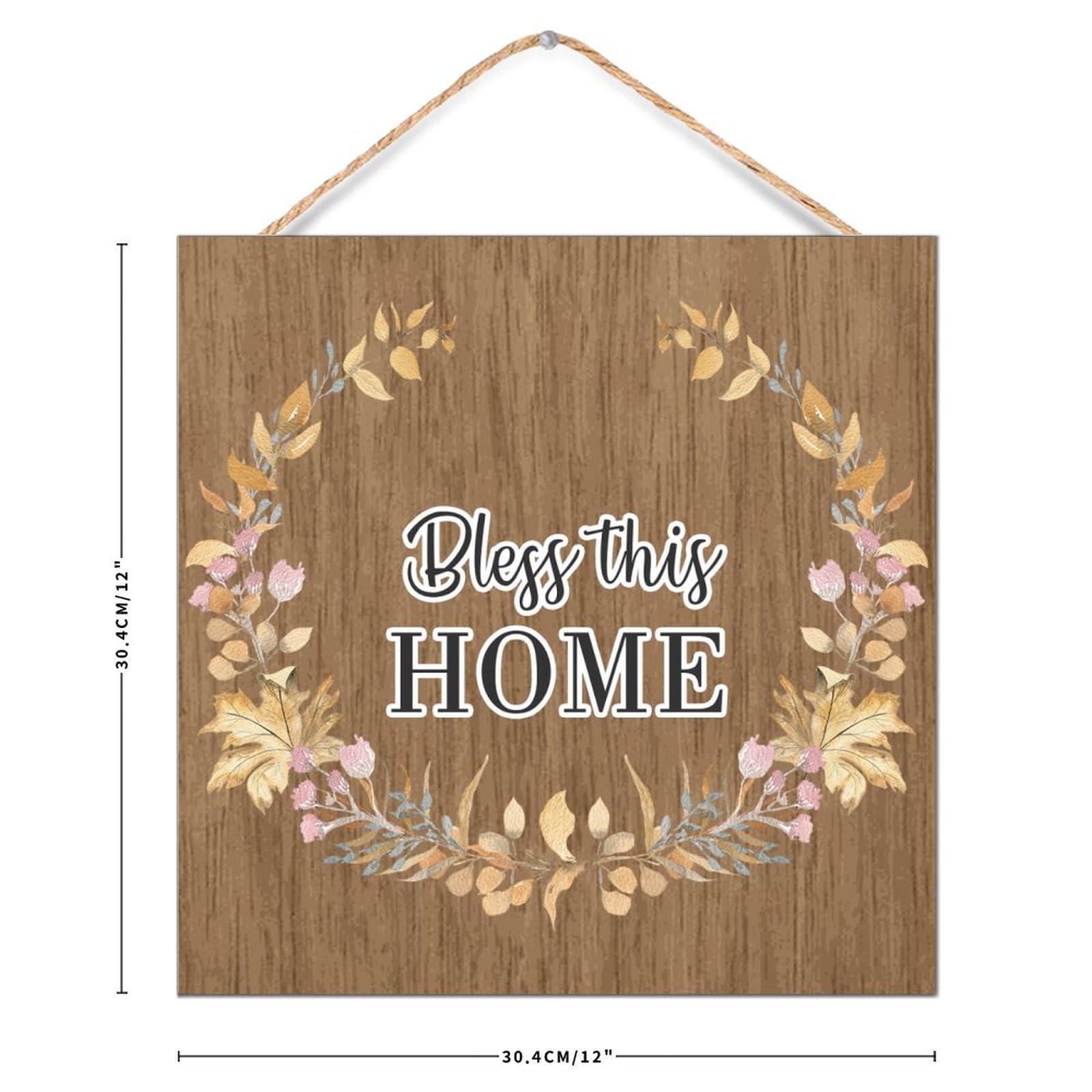 Decorazione Da Parete 'Bless Our Home' - Ghirlanda Rotonda In Legno 30x30 Cm, Per Interni/Esterni, Stile Fattoria - 3