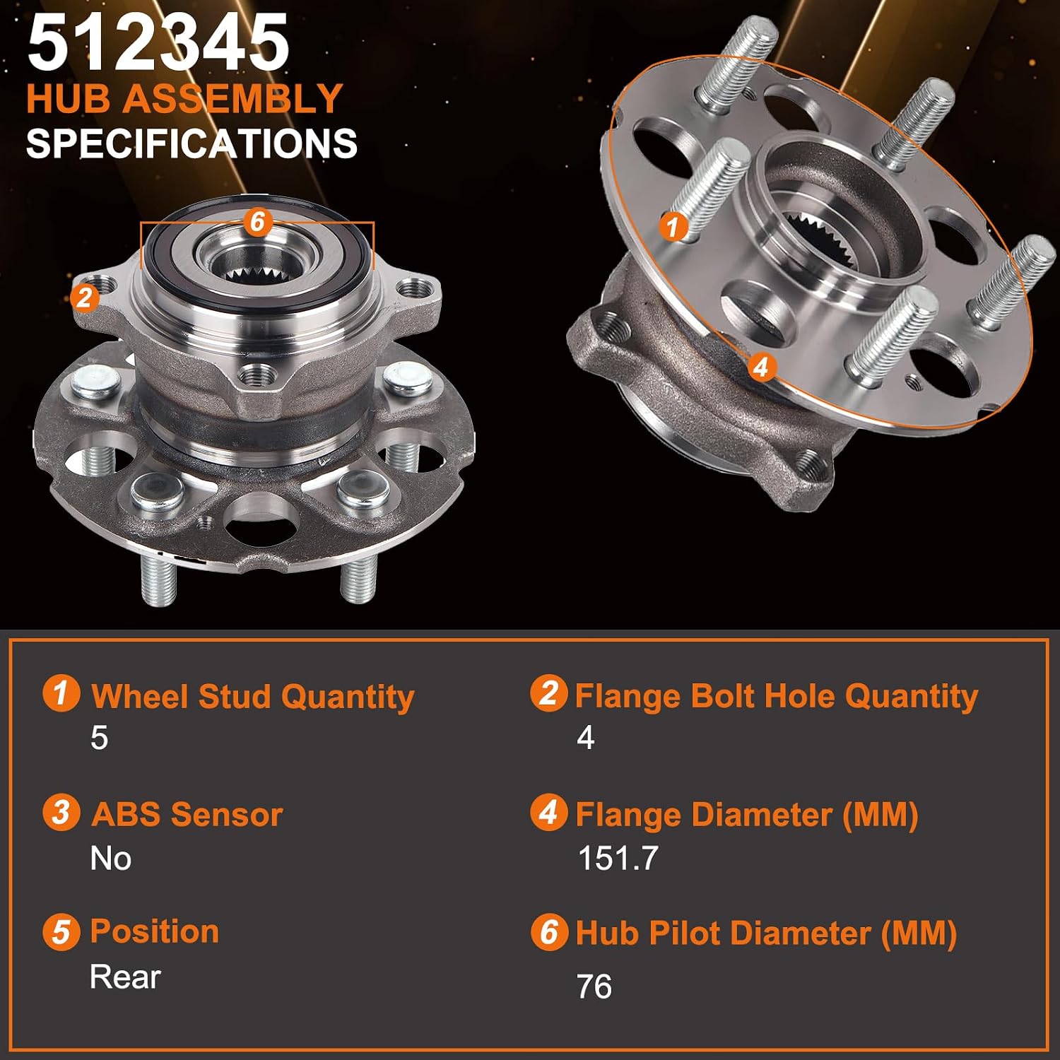 512345 Pair 2 Rear Wheel Hub & Bearing Assembly for 2007-2011 Honda CR-V 4WD, 2007-2018 Acura RDX