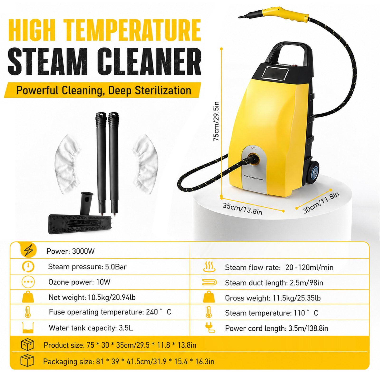 Vaporeta Limpieza, Limpiador de Vapor Portátil, Depósito de Agua de 3.5 L Yellow