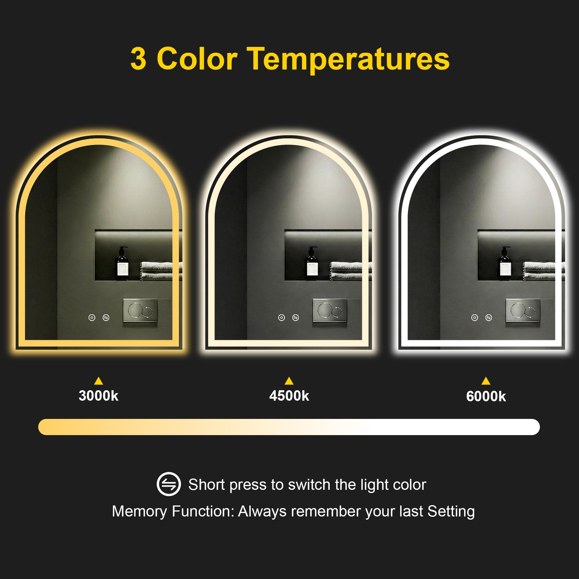 Specchio da bagno ad arco con luci LED, 71,1 x 91,4 cm, specchio da bagno illuminato | Anti-appannamento, dimmerabile in 3 colori, retroilluminato + frontale, vetro temperato infrangibile HD, funzione di memoria