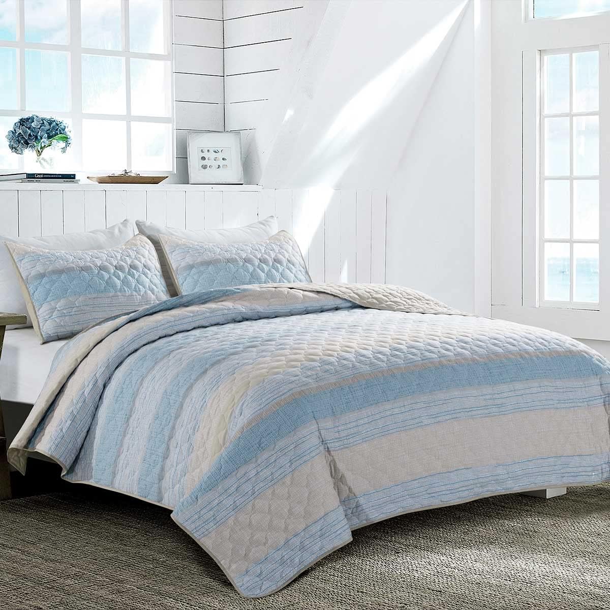 SHALALA King Size Quilt,Soft Striped Blue King Quilt
