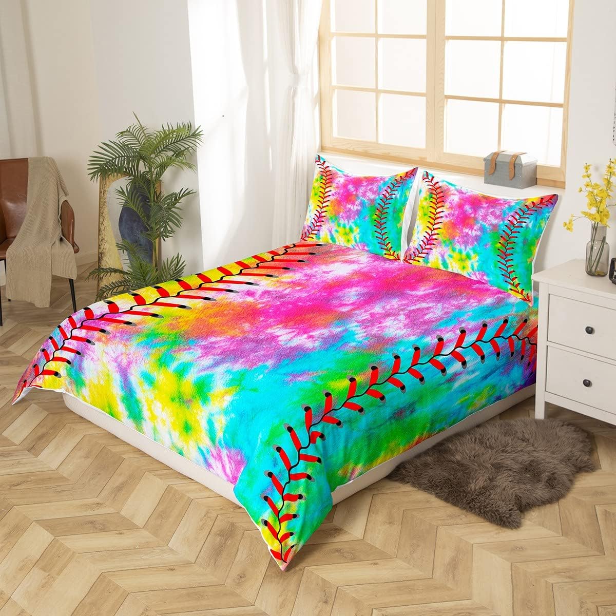 Kids Baseball Comforter Cover Boys Girls Softball Sports Game Bedding Set Girly Colorful Tie Dye Duvet Cover Teens Men Baseball Gaming Bedspread Cover Rainbow Room Decor Twin Size 2Pcs (No Comforter)