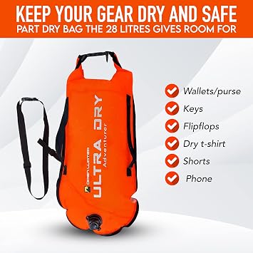 Swim Buoy Tow Float Highly Visible Swimming Float Dry Bag with Adjustable Waist Belt, Carry Strap, Waterproof Phone case for Open Water, Water Sports, Swimming 28 l Orange
