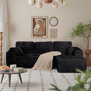IDEA HOME 96 in L-Shaped Modular Sectional Couch, Frameless Cloud Sofa, No Assembly Required, Corduroy Upholstered Living Room Sofa (Plush（Right Facing Chaise）, Black)