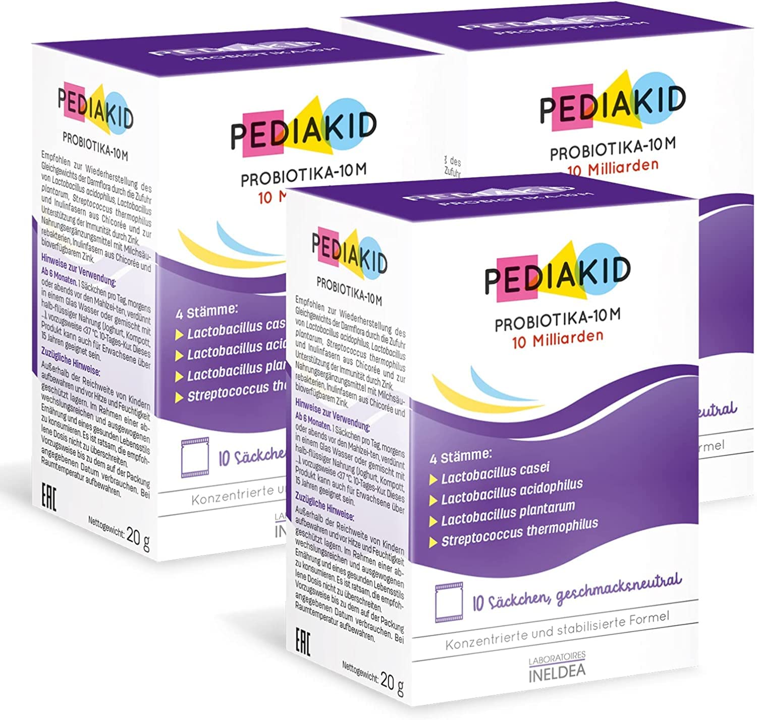 PEDIAKID - PROBIOTIKA-10M - Nahrungsergänzungsmittel mit Milchsäurebakterien, Inulinfasern aus Chicorée und bioverfügbarem Zink. - Bringt die Darmflora ins Gleichgewicht – Ab 6 Monaten - 3X10 Säckchen