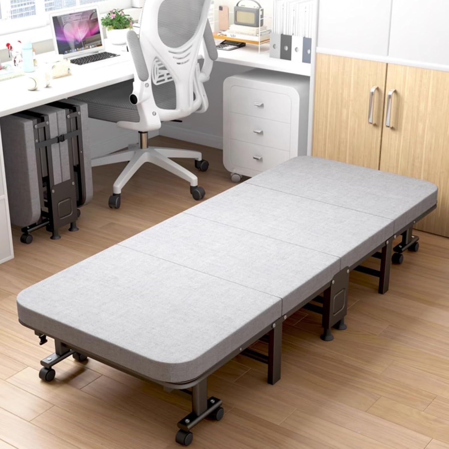 Portable Folding Bed with Latex Mattress, Metal Frame & Wheels - Ideal for Small Apartments, Guest Rooms, Dorms, & Living Rooms - Compact Gray Design (11x74.8x31.4in)