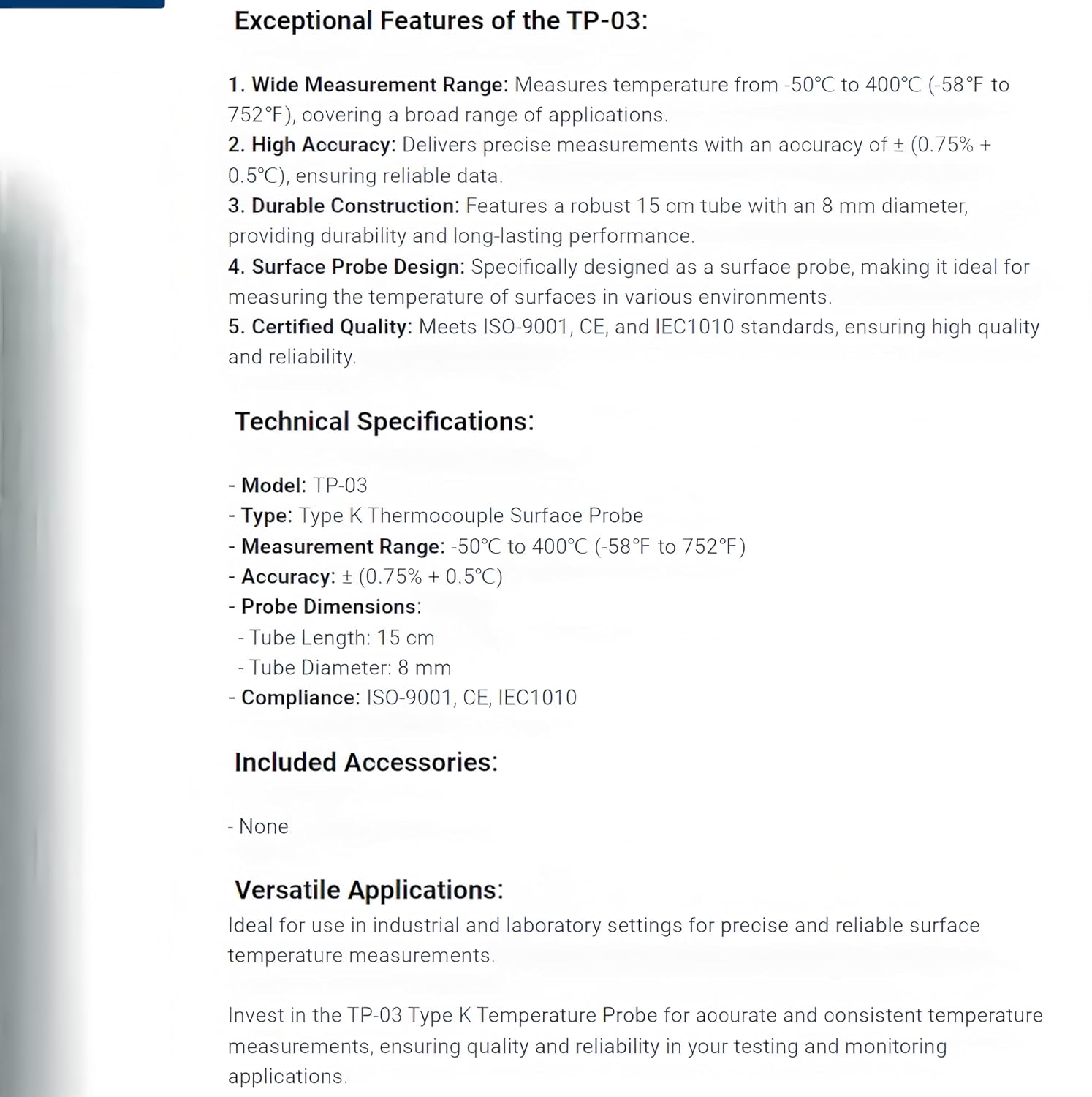 i-POOKタイプK温度プローブタイプK熱電対は-50℃から400℃TP-03の正確で信頼性の高い温度測定、&plusmn;0.75%の精度で台湾